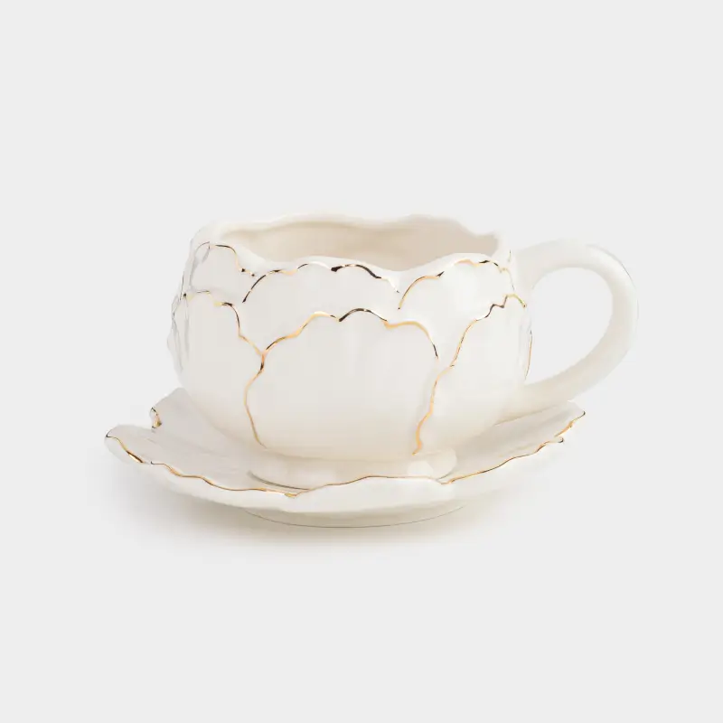 Breakfast tea pair, 1 person, 2 items, 450 ml, porcelain P, milky golden, Peony, Bloome ,image-0