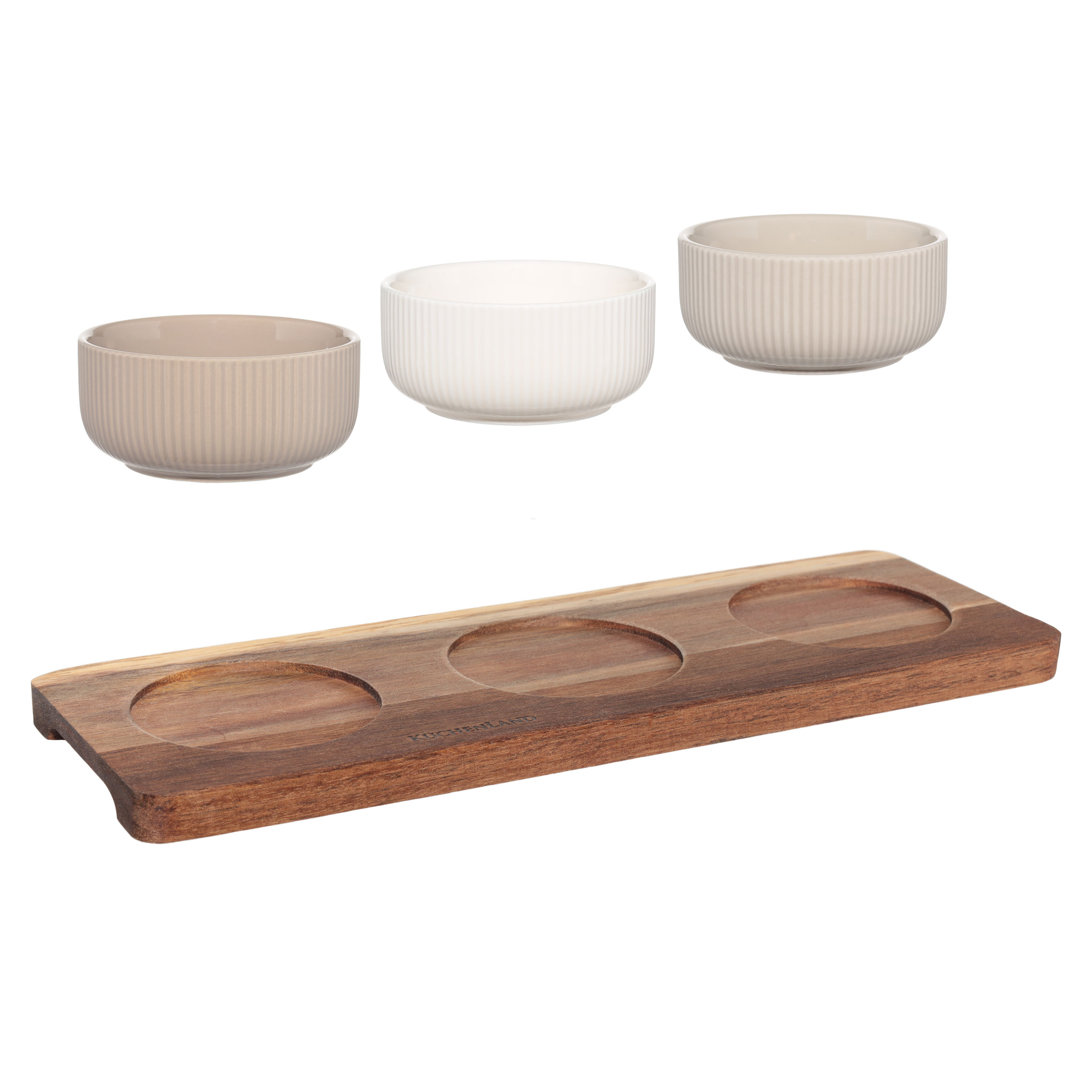 Snack set, 3 pcs, on a stand, ceramic / wood, mix, Ribbed bowls, Noble tree