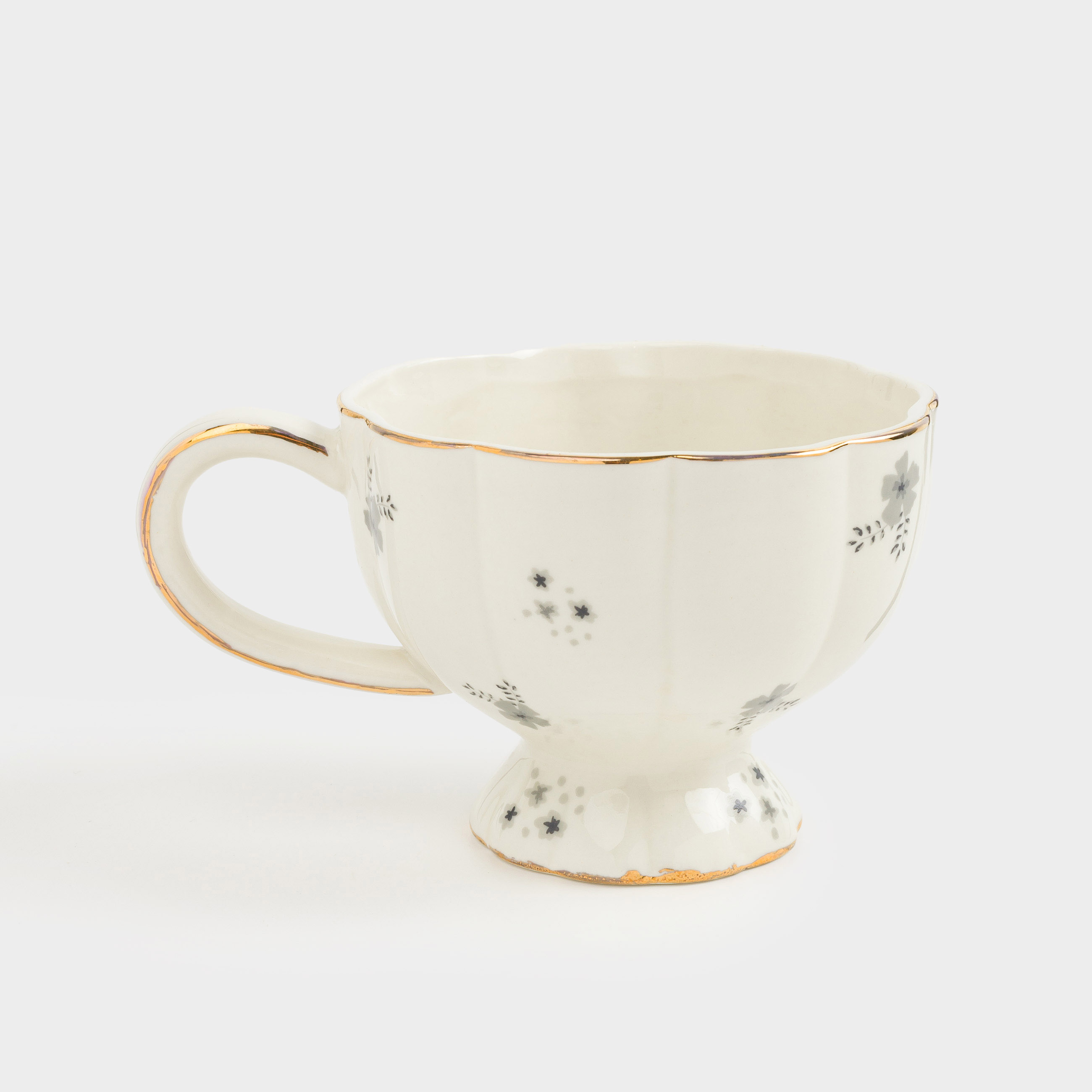 Mug, 360 ml, porcelain P, milky, with golden edging, Grey flowers, Florals, image-5