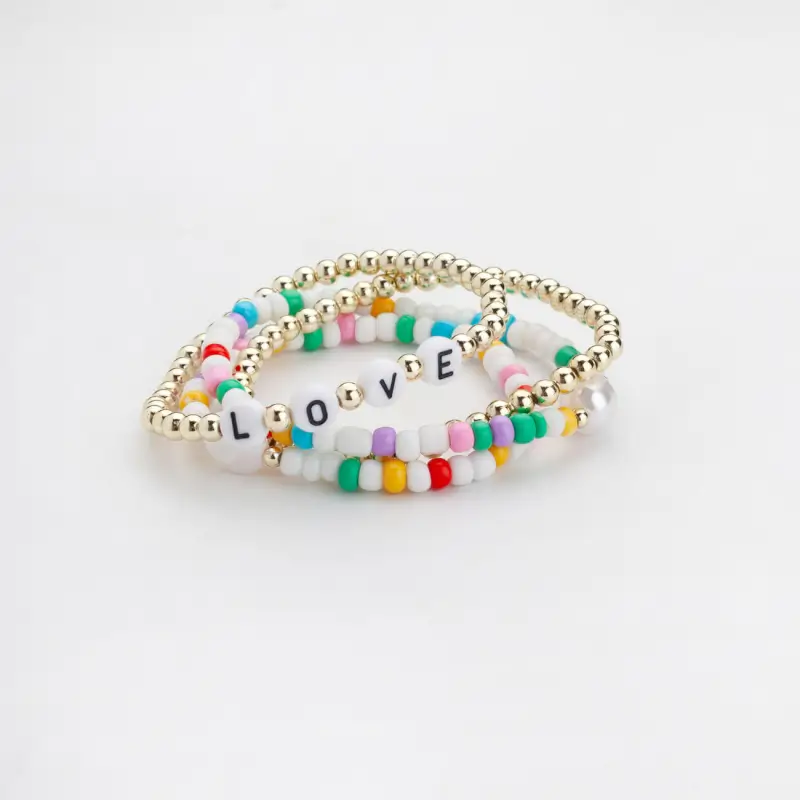 Bracelet set, 6 cm, 4 pcs, plastic / glass, gold/color, Love, Pearl