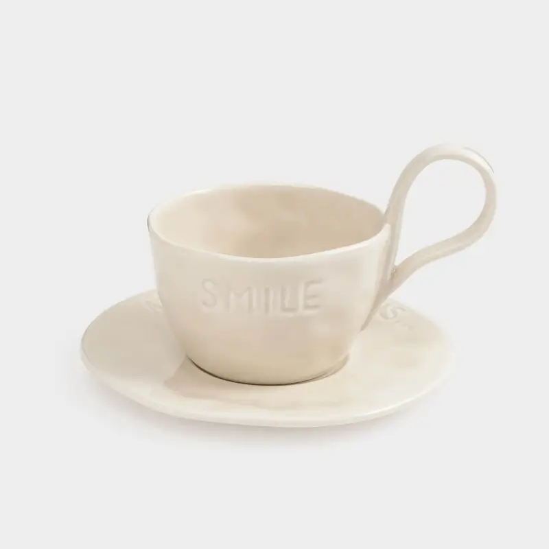 Tea pair, 1 person, 2 items, 220 ml, porcelain P, milky, All you need is smile, Crumple words