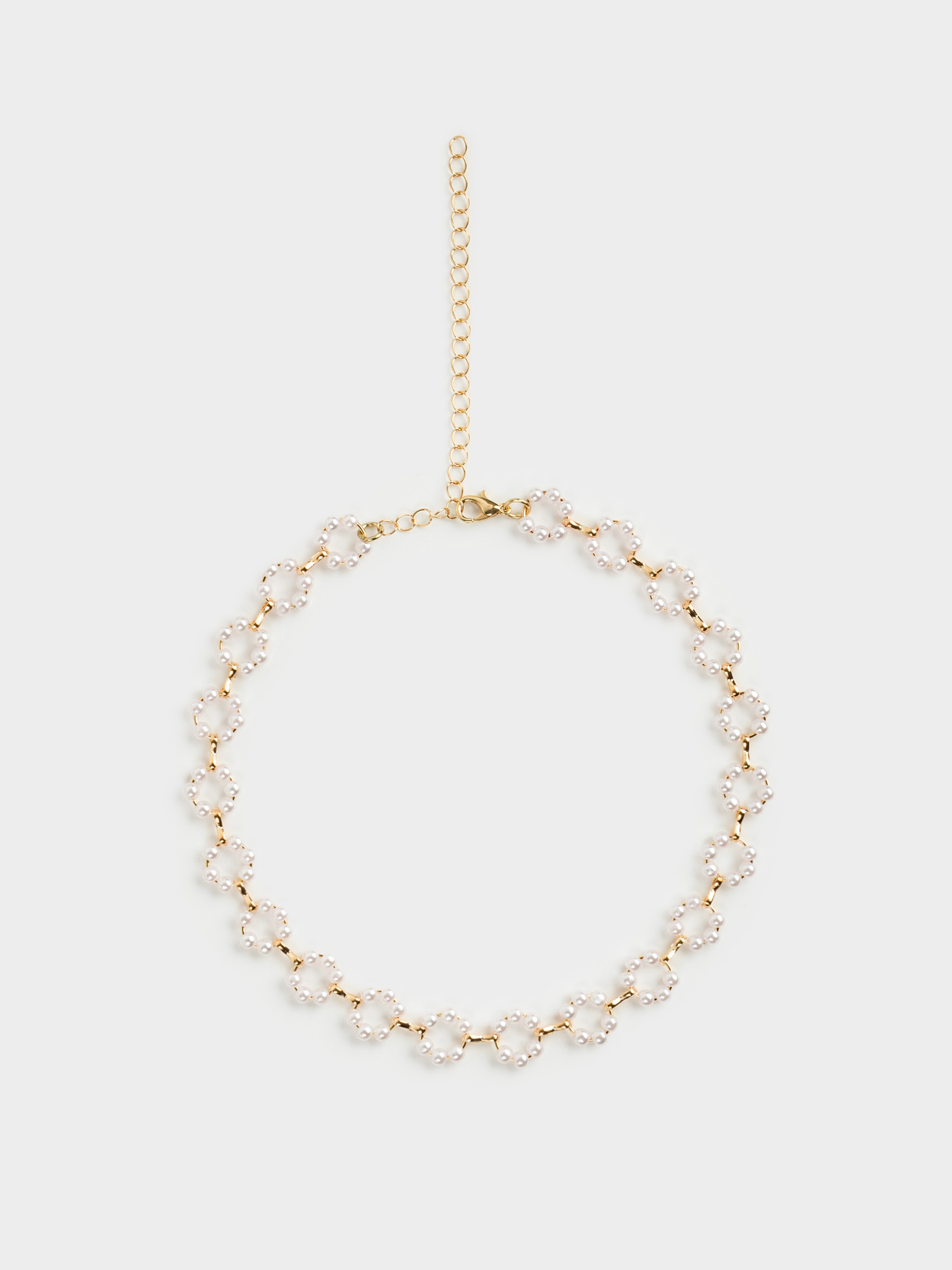 Chain, 46 cm, plastic / metal, white, Flowers from beads, Pearl