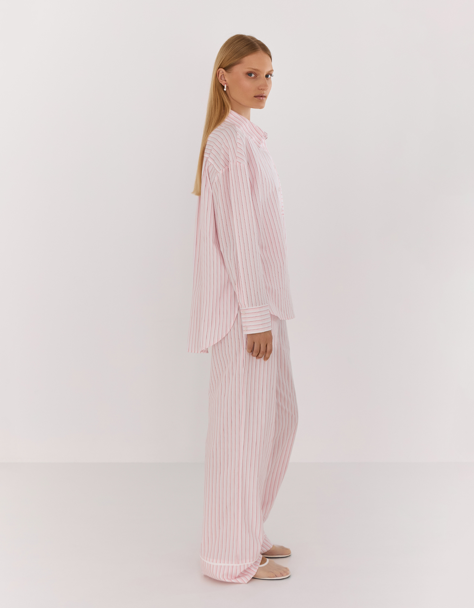 Women's trousers, homewear, size L, cotton, white and pink, Stripe, Sheria, image-2
