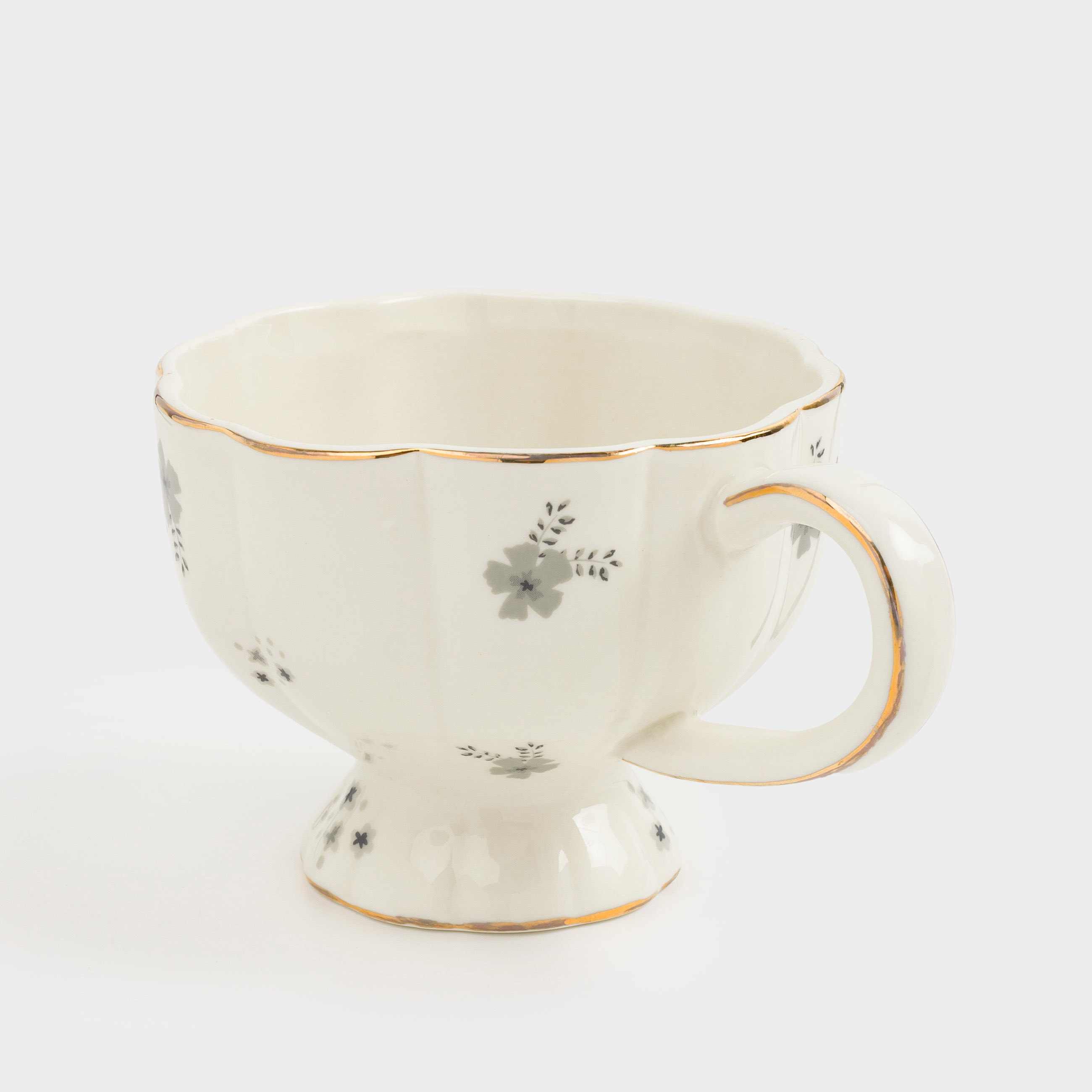 Mug, 360 ml, porcelain P, milky, with golden edging, Grey flowers, Florals, image-3
