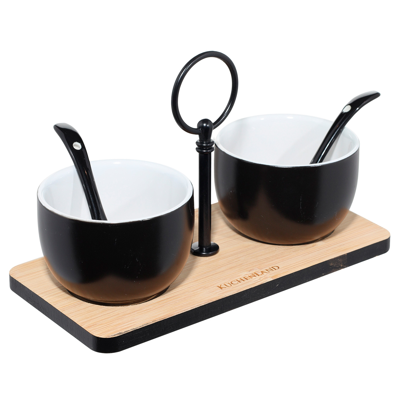 Jam/sugar bowl, 120 ml, 2 pcs, with spoon/stand, ceramic / bamboo, black, Loft, image-1