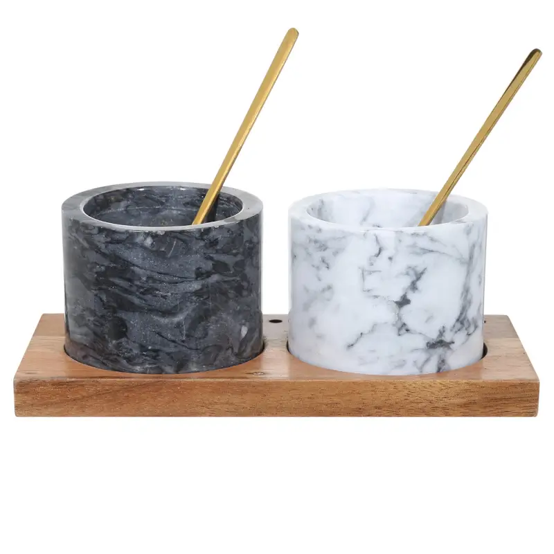 Spice container, 6 cm, 2 pcs, with spoons, on a stand, marble / wood, Marble ,image-0