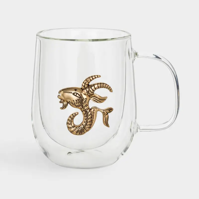 Mug, 350 ml, glass B / metal, golden, Capricorn, Air zodiac