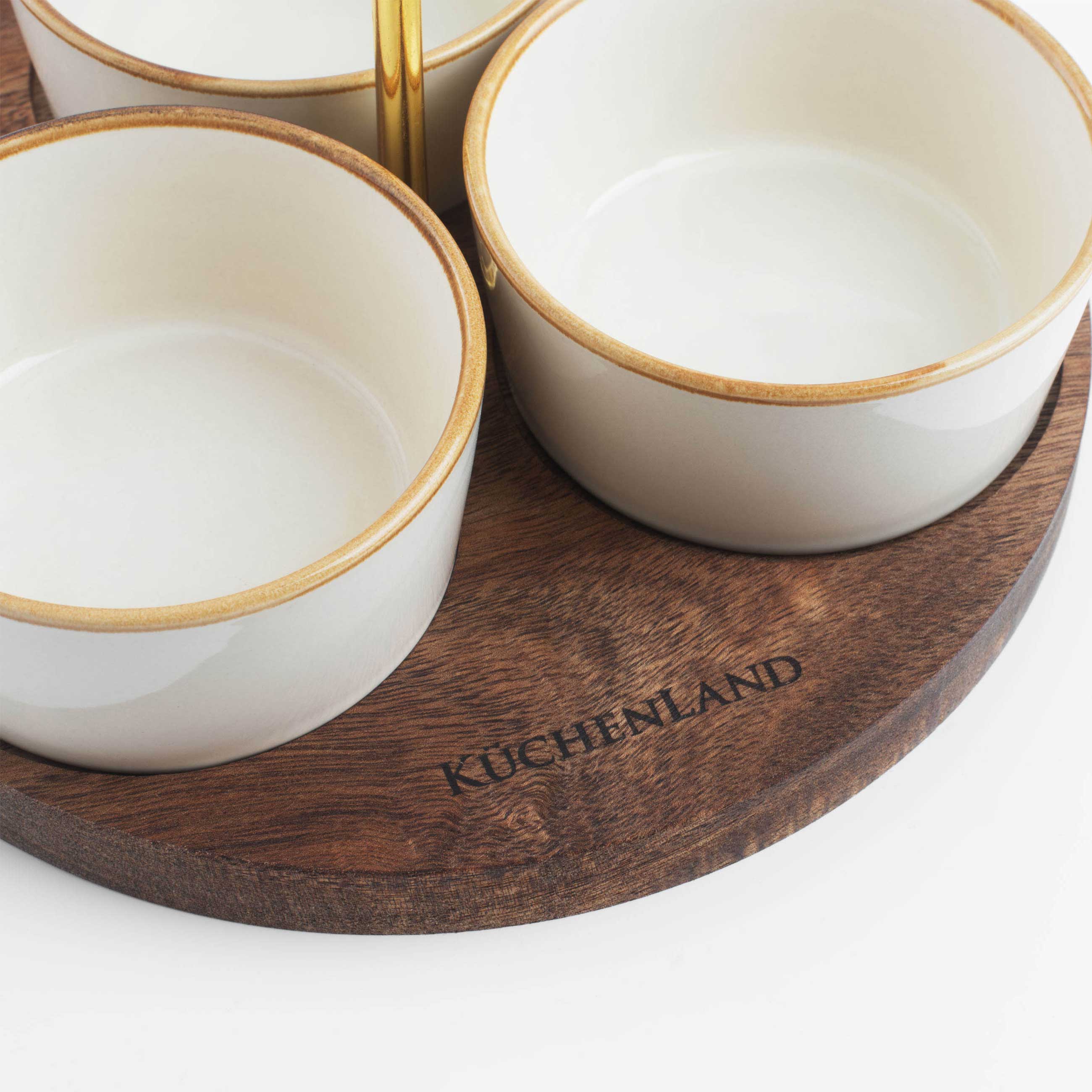 Snack set, 3 items, on a stand, with handle, ceramic / wood, milky, Noble tree 