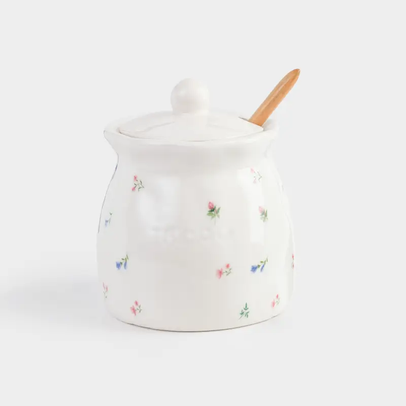 Sugar bowl, 12 cm, 370 ml, with spoon, ceramic / wood, milky, Flowers, El flora ,image-0