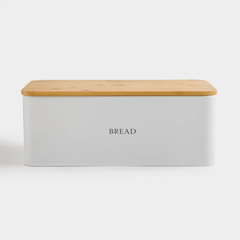 Bread box, 33x18x12 cm, with cutting board, metal / bamboo, rectangular, white, Nostalgia ,image-0