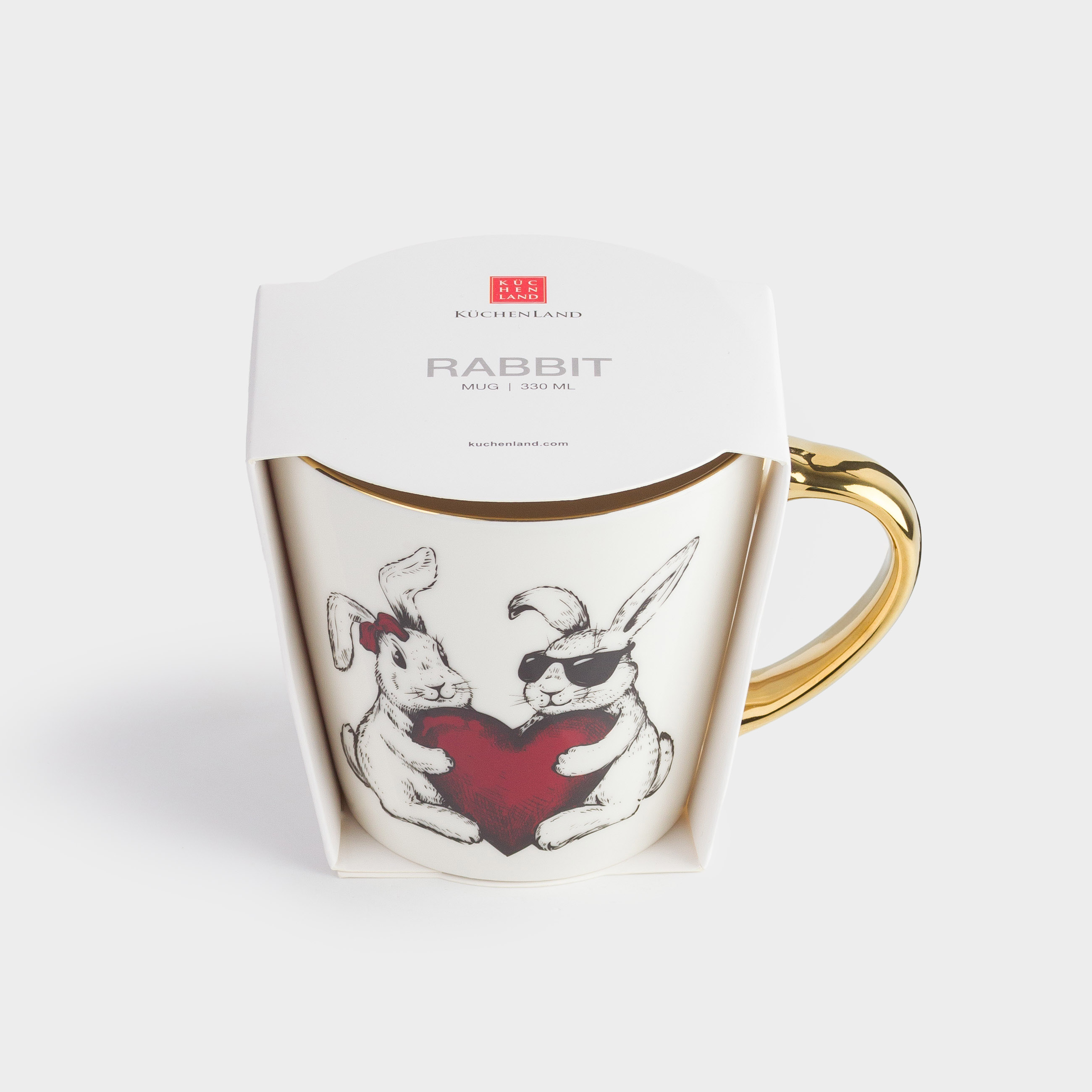 Mug, 330 ml, porcelain N, white and gold, Rabbits with heart, Rabbit, image-4