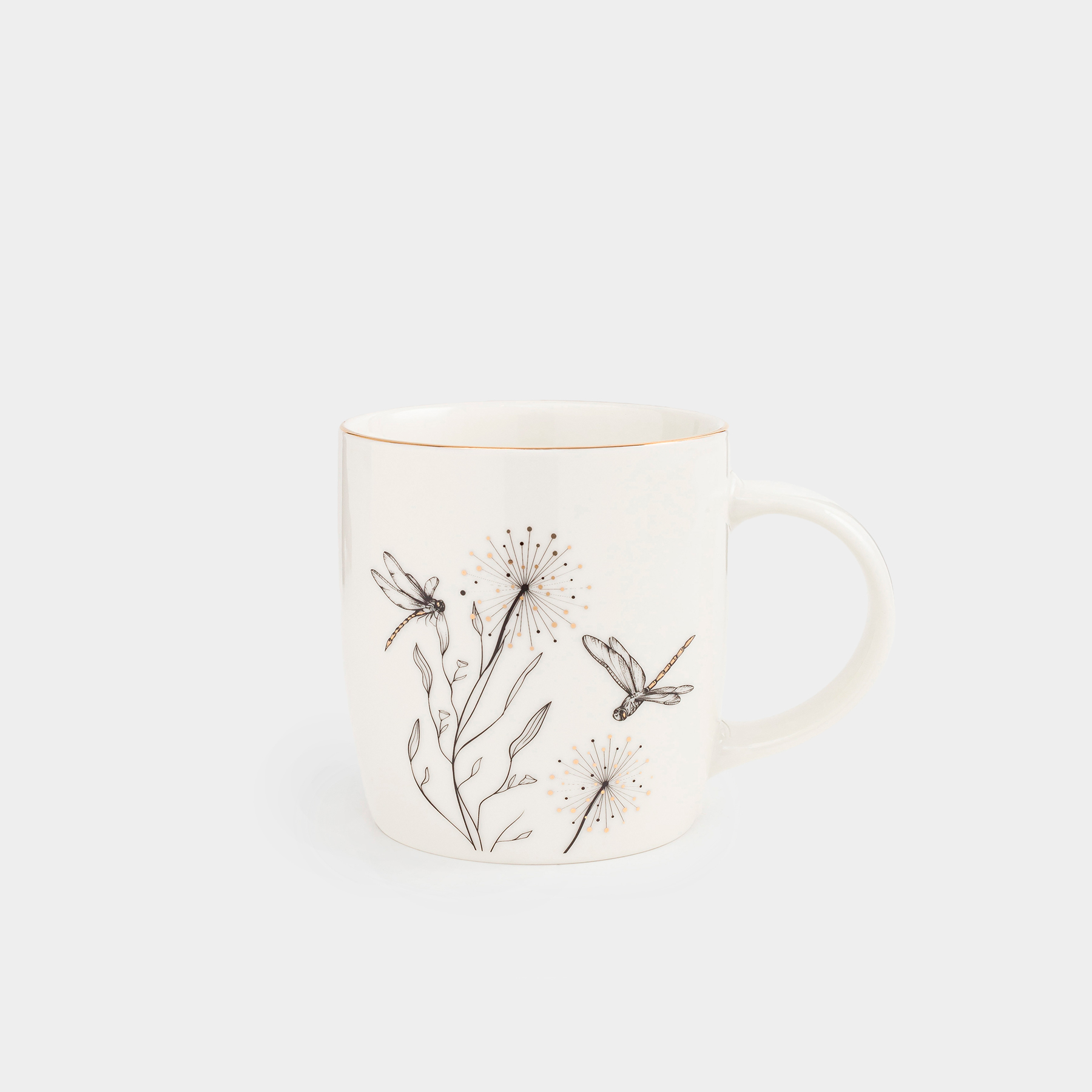 Mug, 380 ml, porcelain N, white, with golden edging, Dragonflies and dandelions, Dragonfly