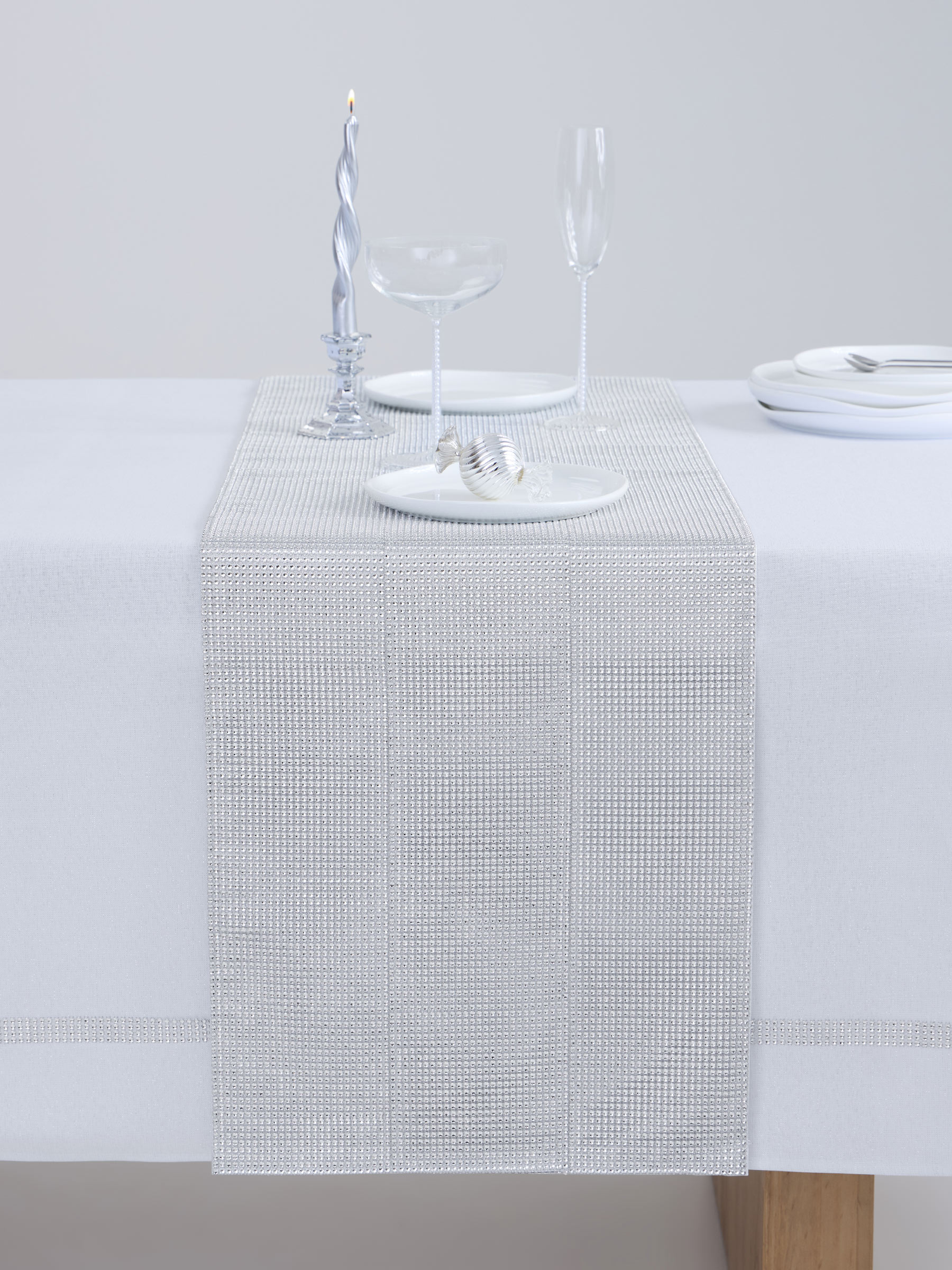 Table runner, 40x160 cm, with rhinestones, polyester / plastic, Silver, Rhinestones, image-2