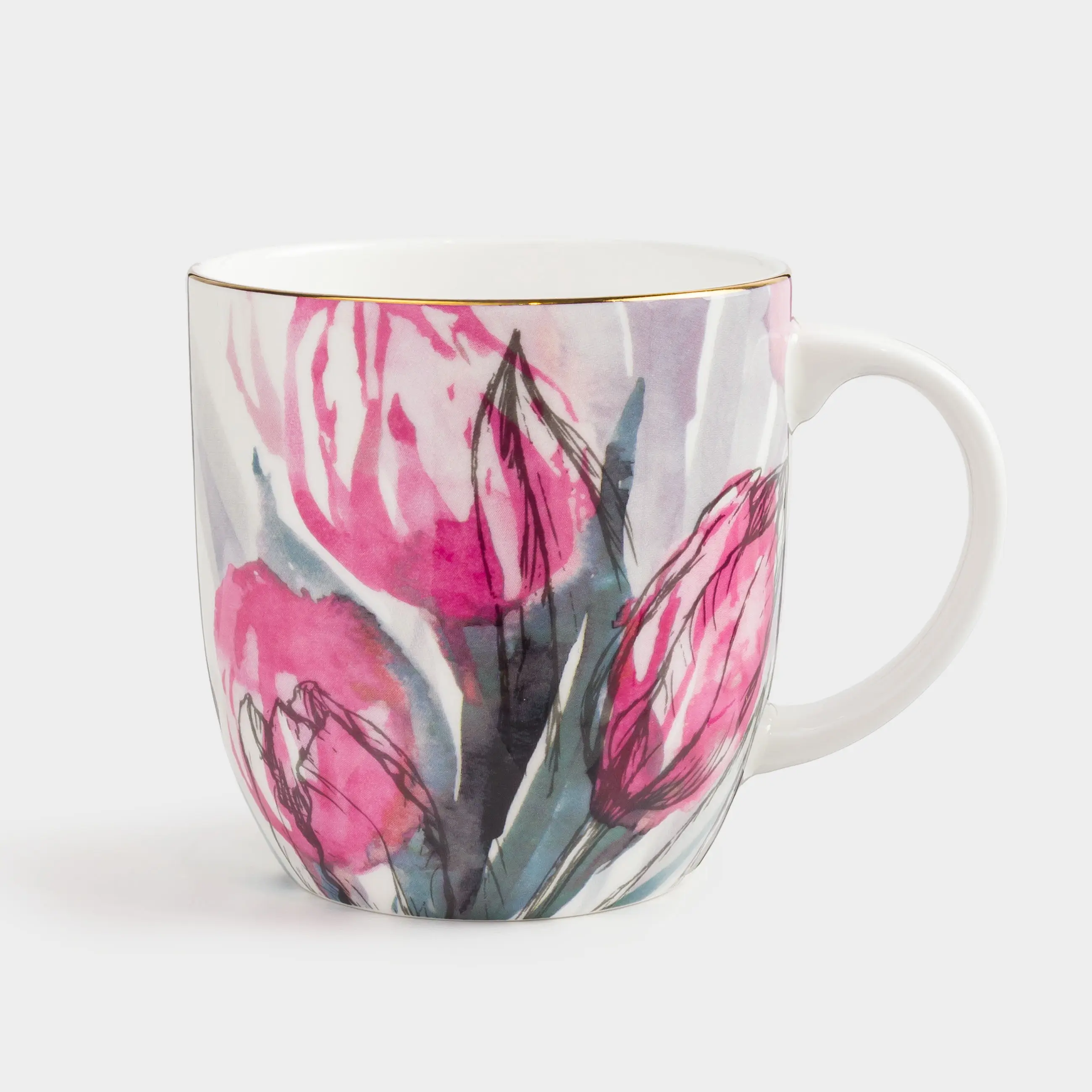 Mug, 370 ml, porcelain F, with golden edging, Tulips, Tulip garden