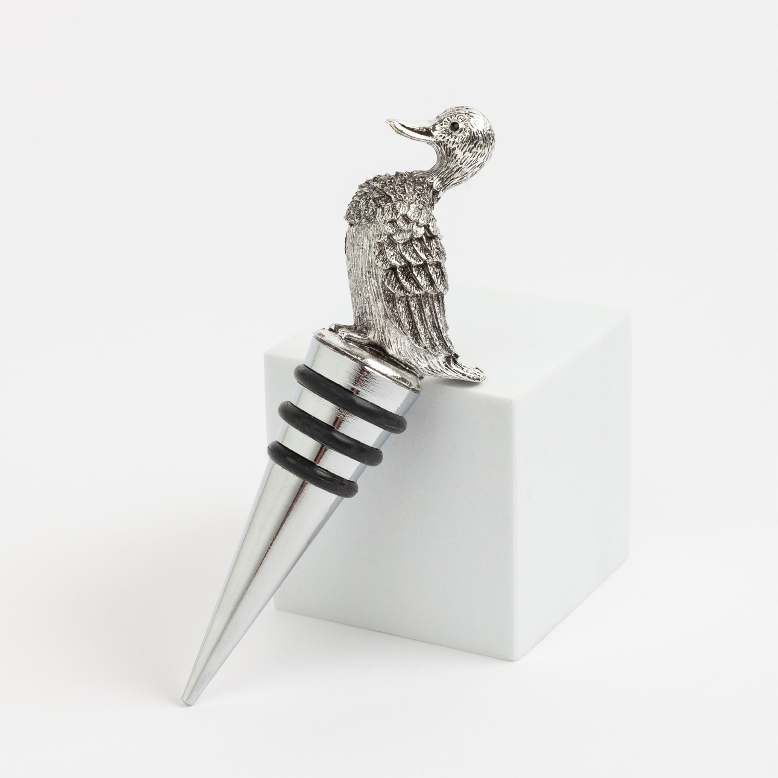Wine bottle stopper, 11 cm, metal, silver, Duck, Harmony, image-1