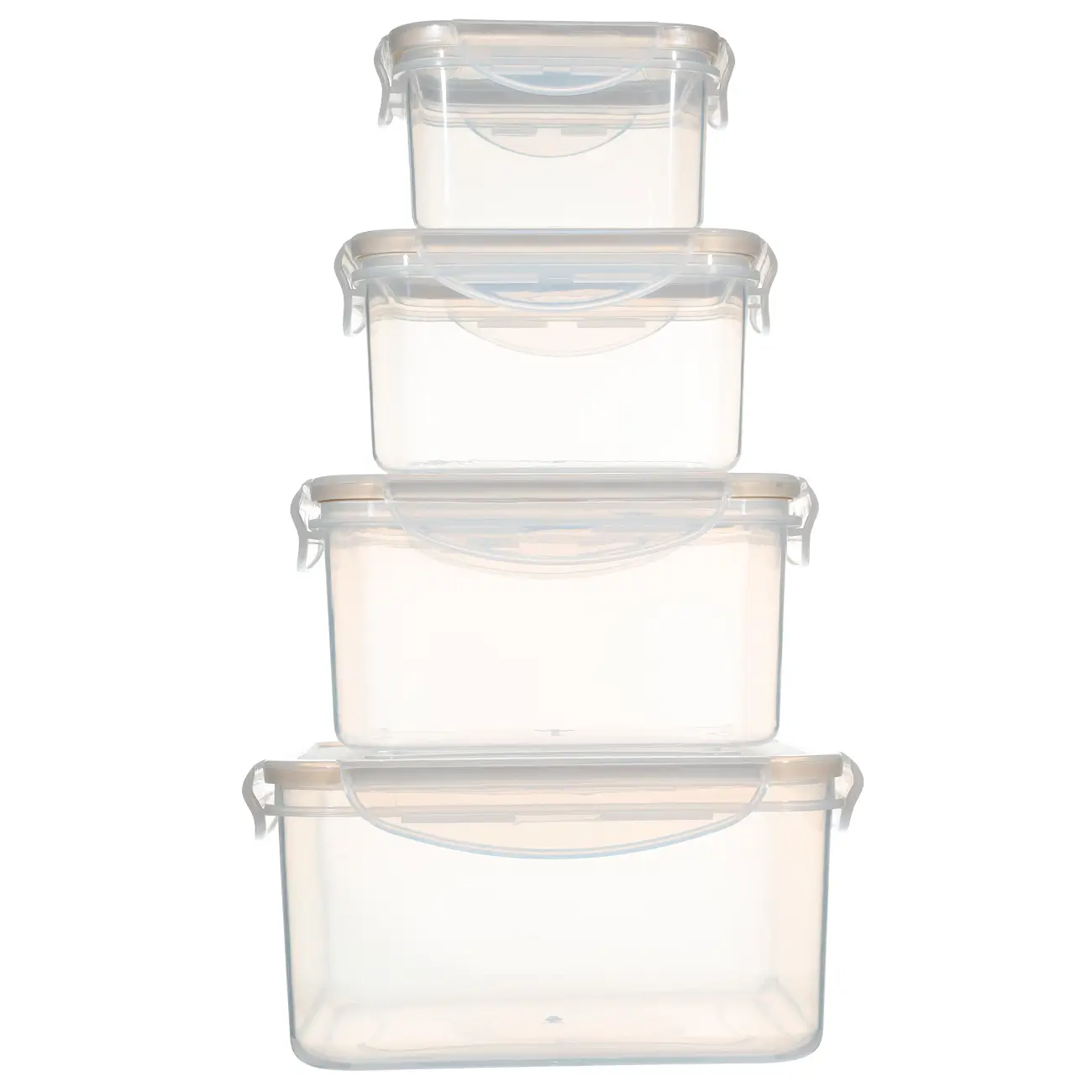 Container set, 4 pcs, with clips, plastic / silicone, Square, Beige, Roomy clip