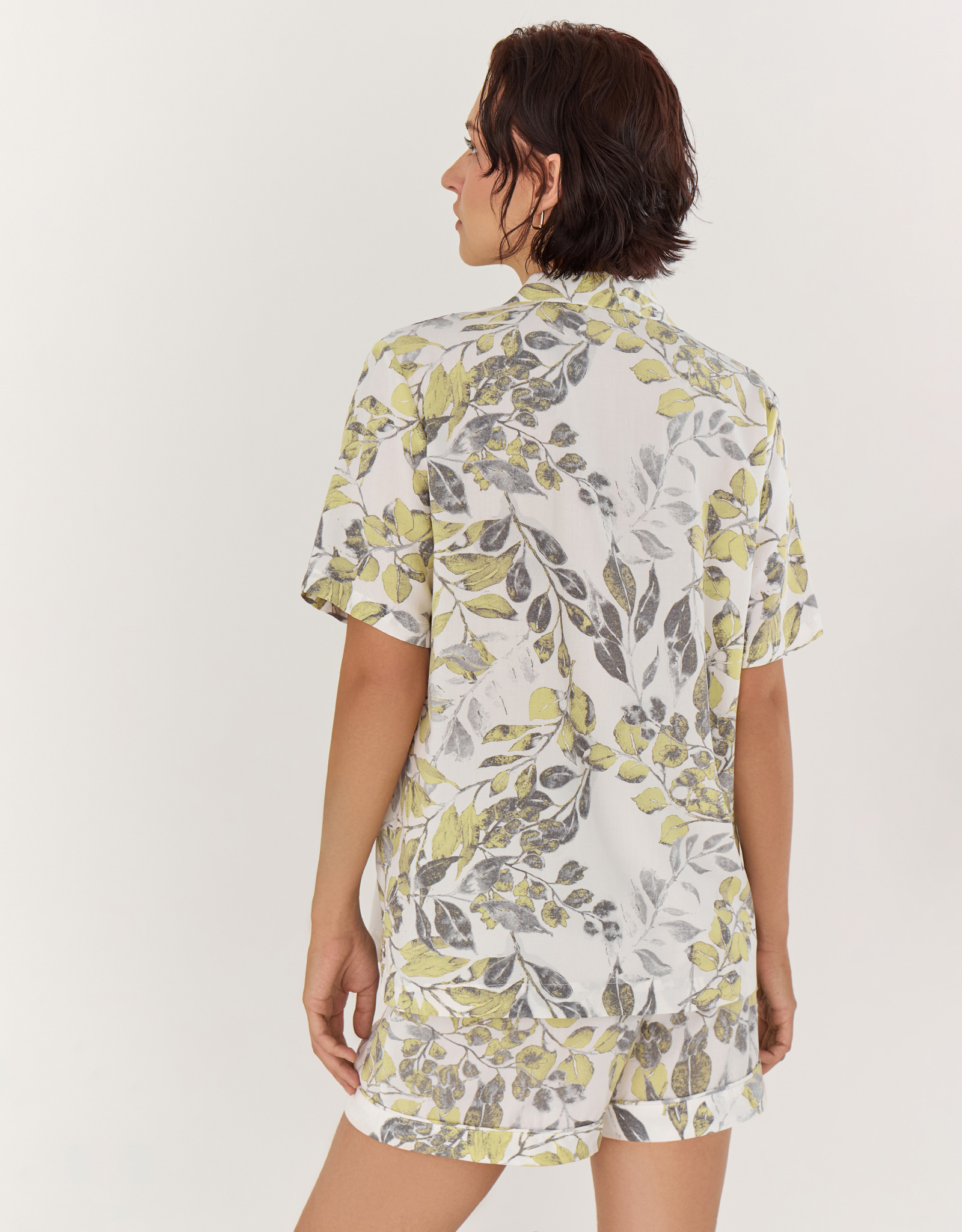 Women's shirt, homewear, size M, with short sleeves, viscose, white and yellow, Leaves, Leksi, image-6