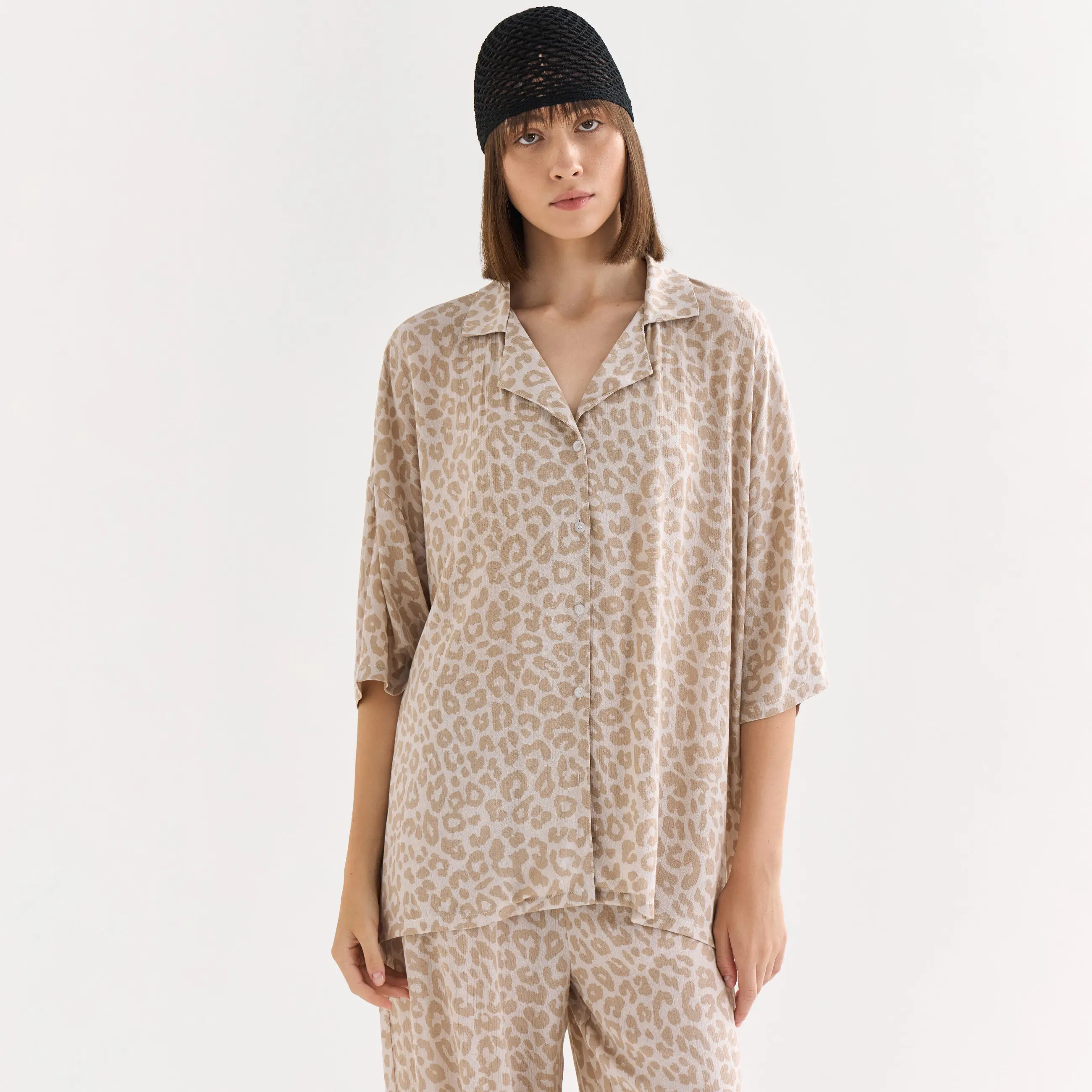 Women's shirt, size L, with short sleeves, viscose, gray-beige, Leopard, Becky