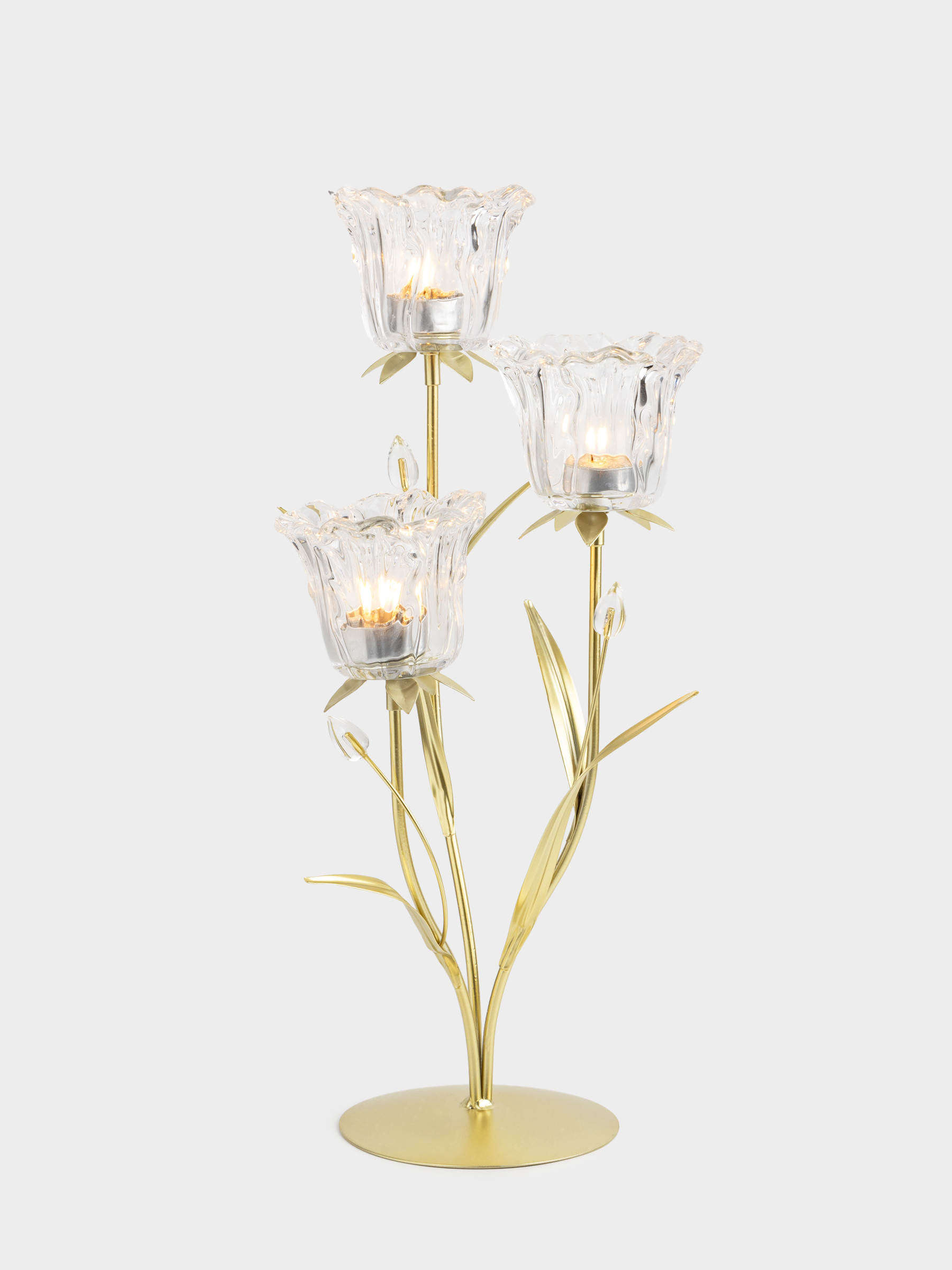 Candlestick, 45 cm, 3 tea candles, glass / metal, golden, Flowers, Fantastic flowers, image-3