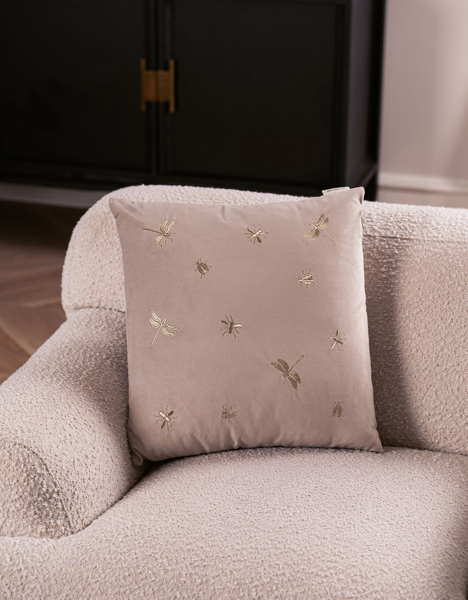 Decorative pillow, 45x45 cm, corduroy, light beige, Dragonflies and beetles, Bugs