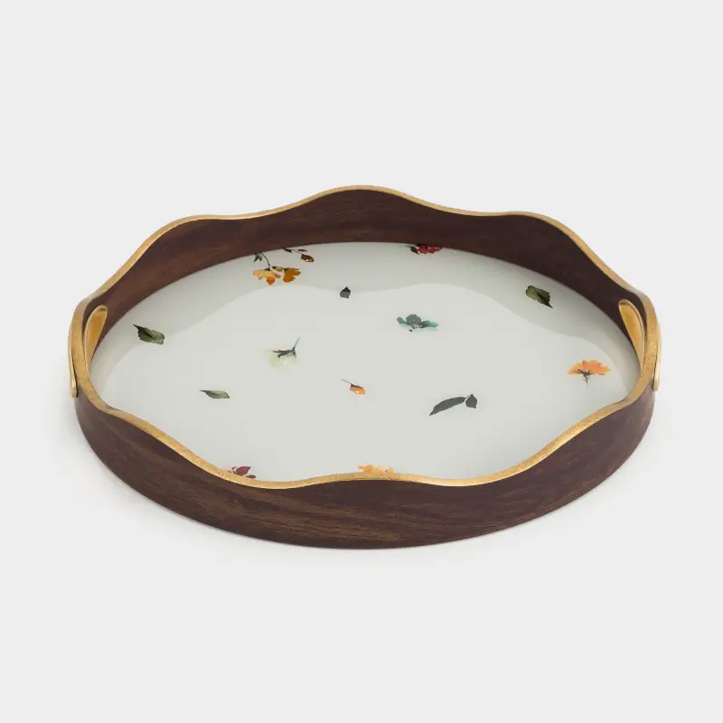 Tray, 34 cm, plastic / glass, round, golden, Flowers, Generic flowers, image-0