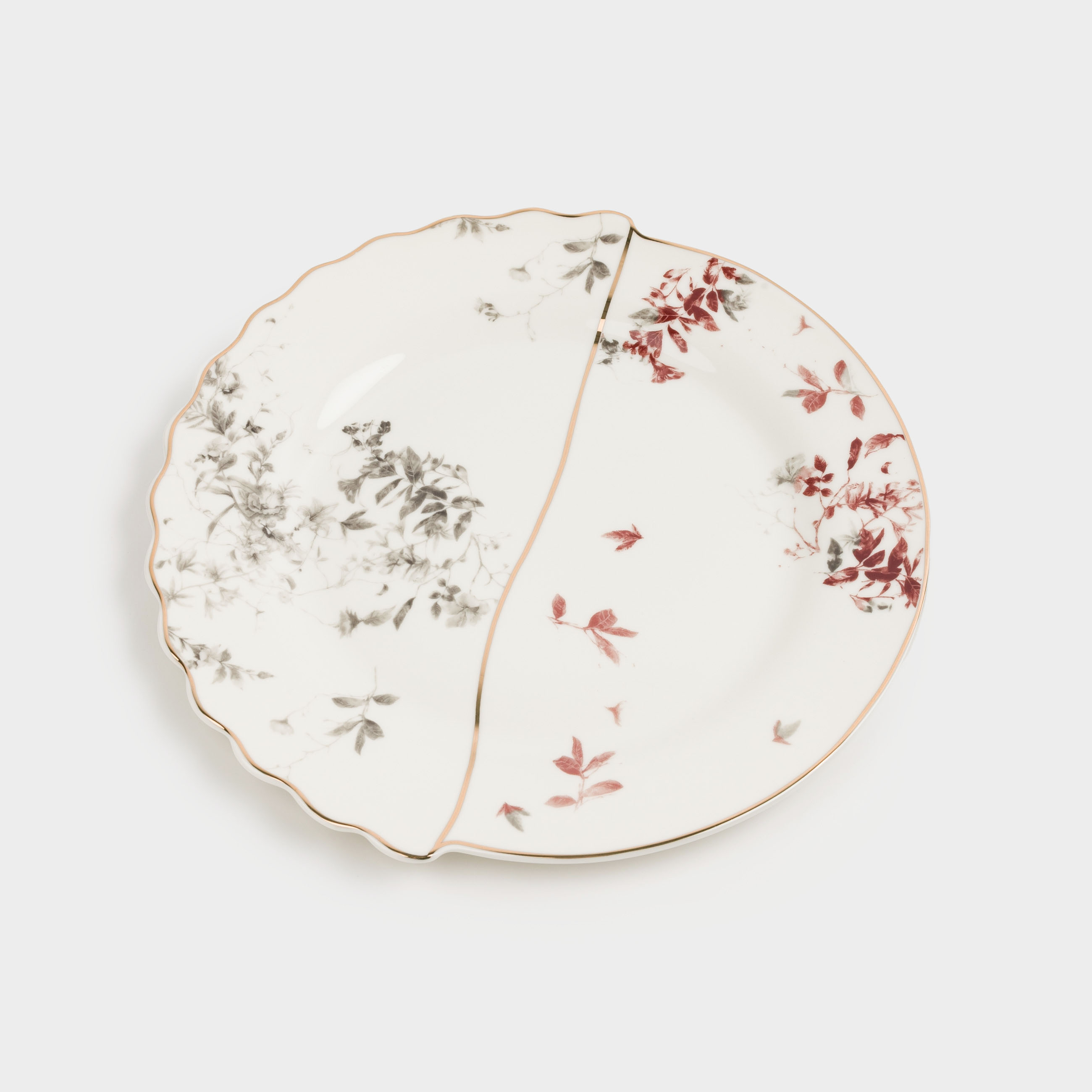 Dessert plate, 20 cm, porcelain N, white, with golden edging, autumn leaves, Flourish