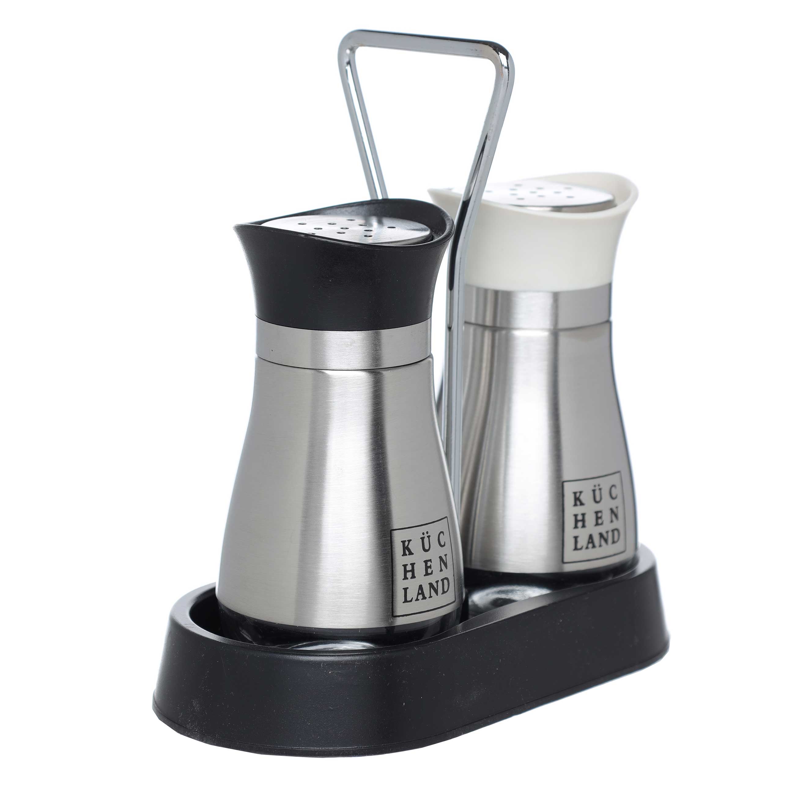 Salt and pepper set, 16 cm, on stand, steel / glass, black / beige, Classic, image-1