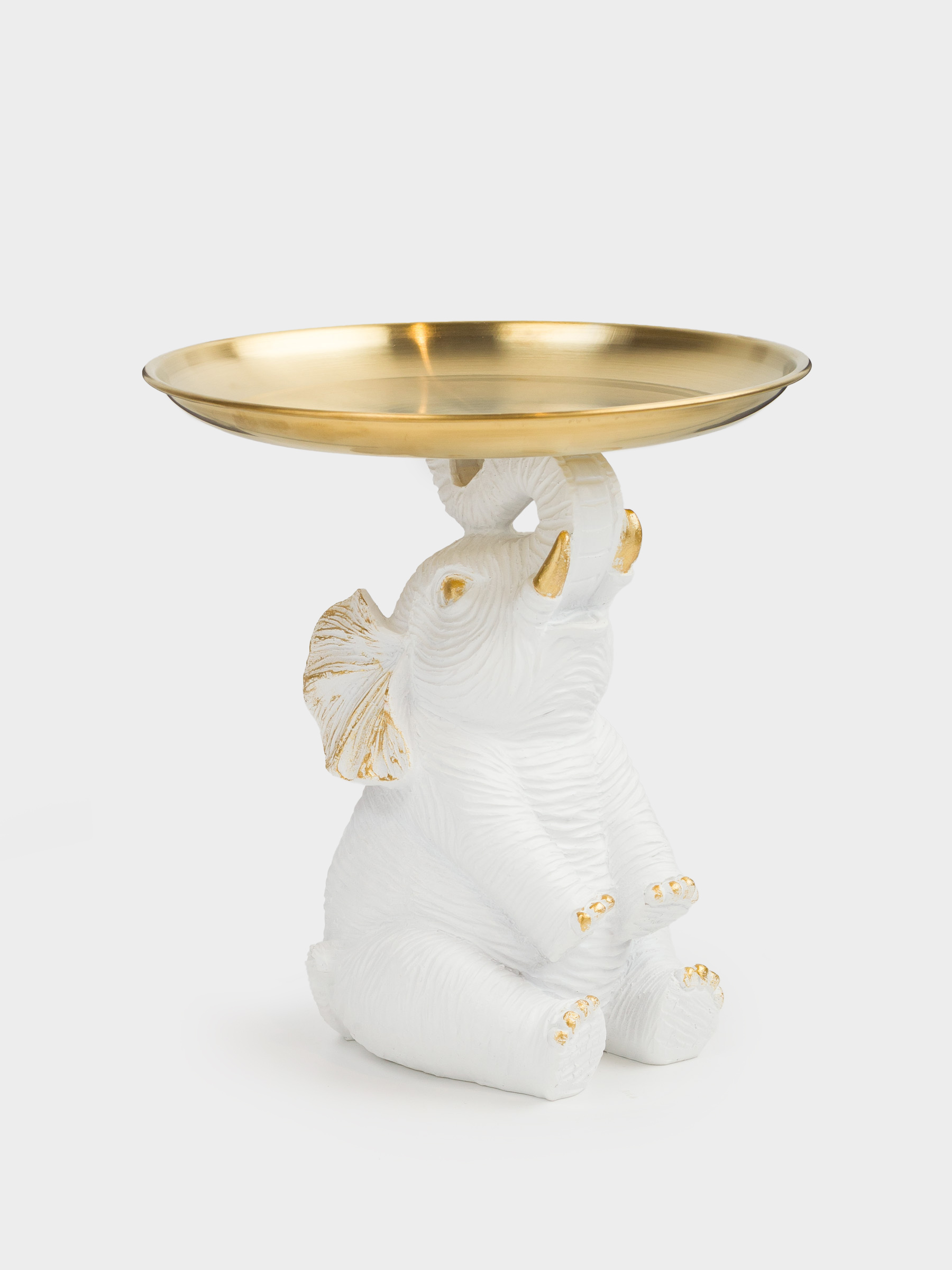 Decorative dish, 17x17x1 cm, on a leg, polyresin/metal, golden / white, Elephant, Elephant, image-1