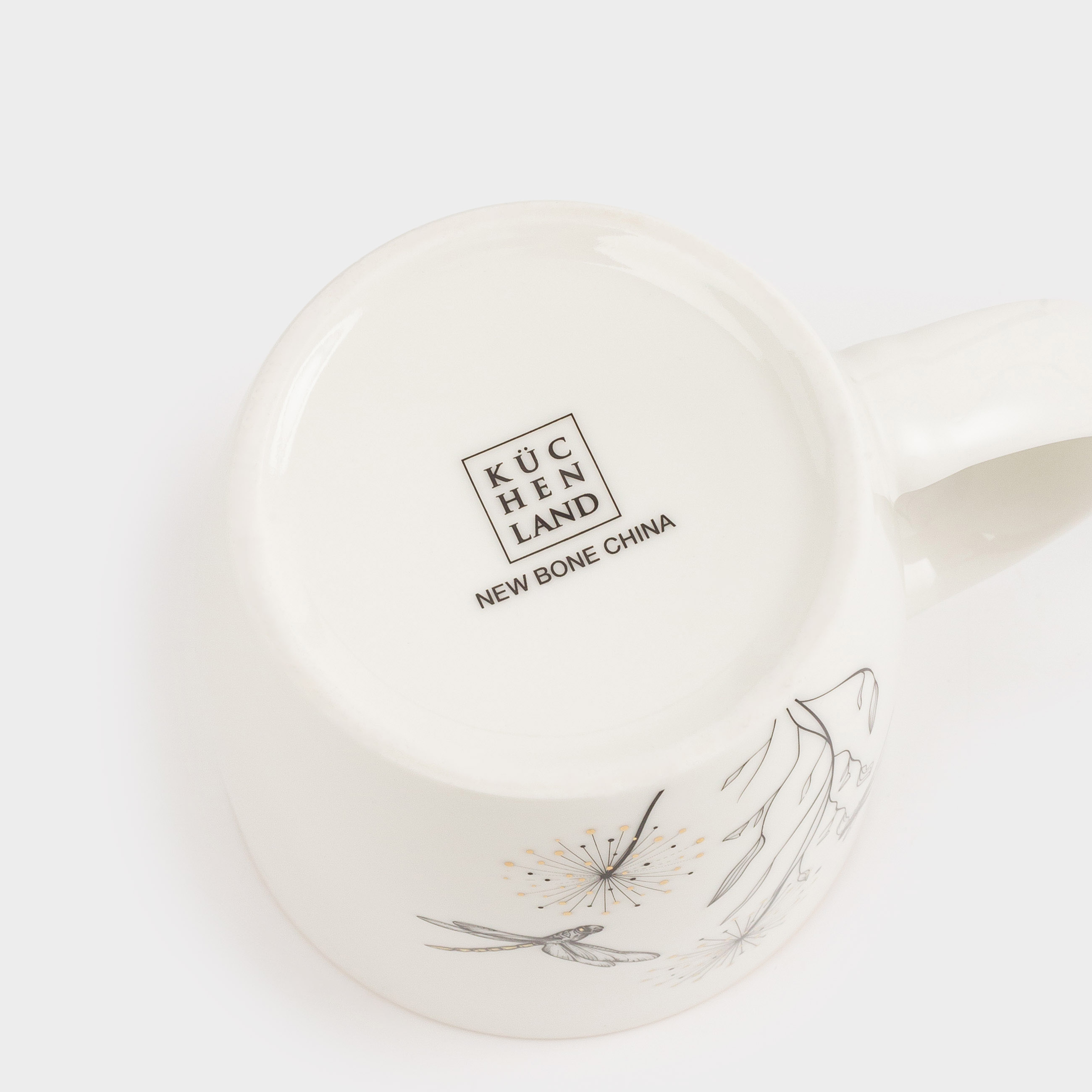 Mug, 380 ml, porcelain N, white, with golden edging, Dragonflies and dandelions, Dragonfly