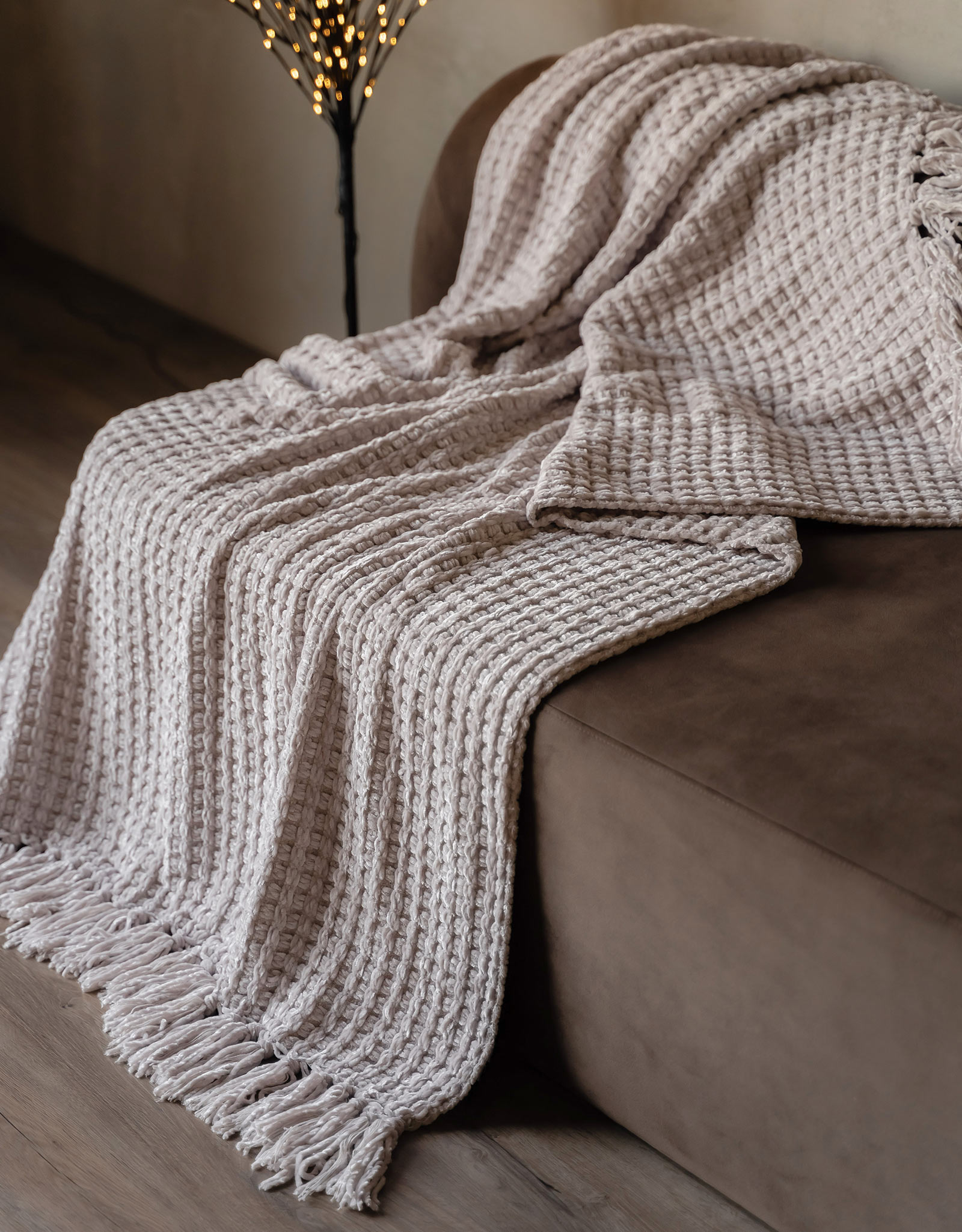 Plaid, 130x160 cm, with fringe, Chenille, sand, Chenill
