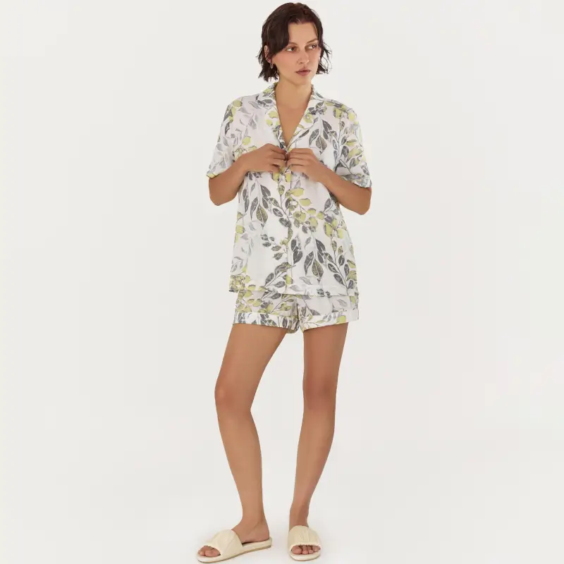 Women's shorts, homewear, size L, viscose, white and yellow, Leaves, Leksi ,image-0