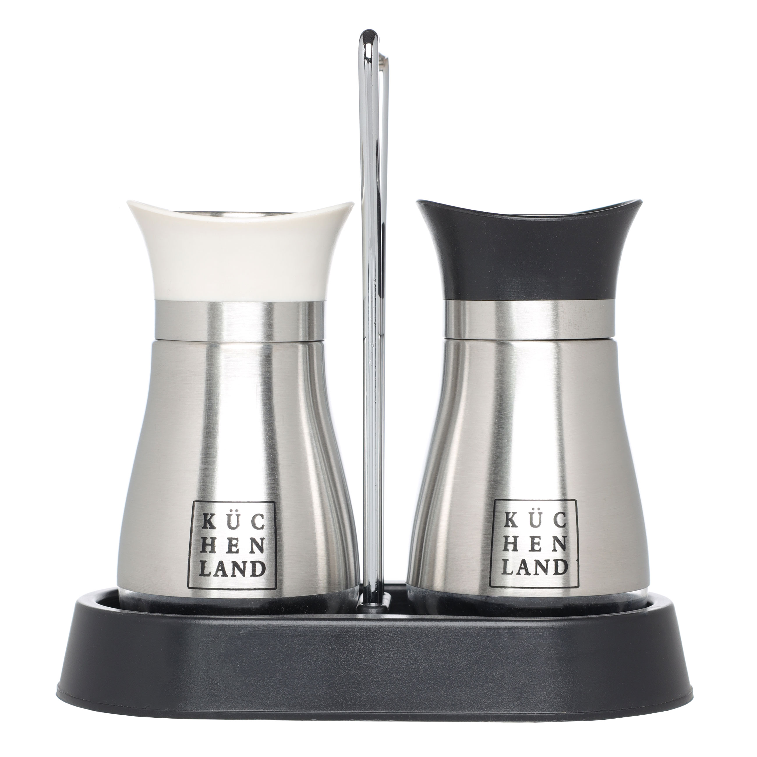 Salt and pepper set, 16 cm, on stand, steel / glass, black / beige, Classic, image-0