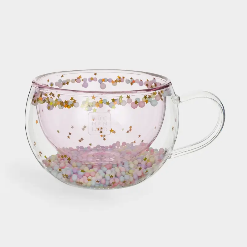 Mug, 270 ml, with balls, glass B, pink, Stars, Air sparkly ,image-0