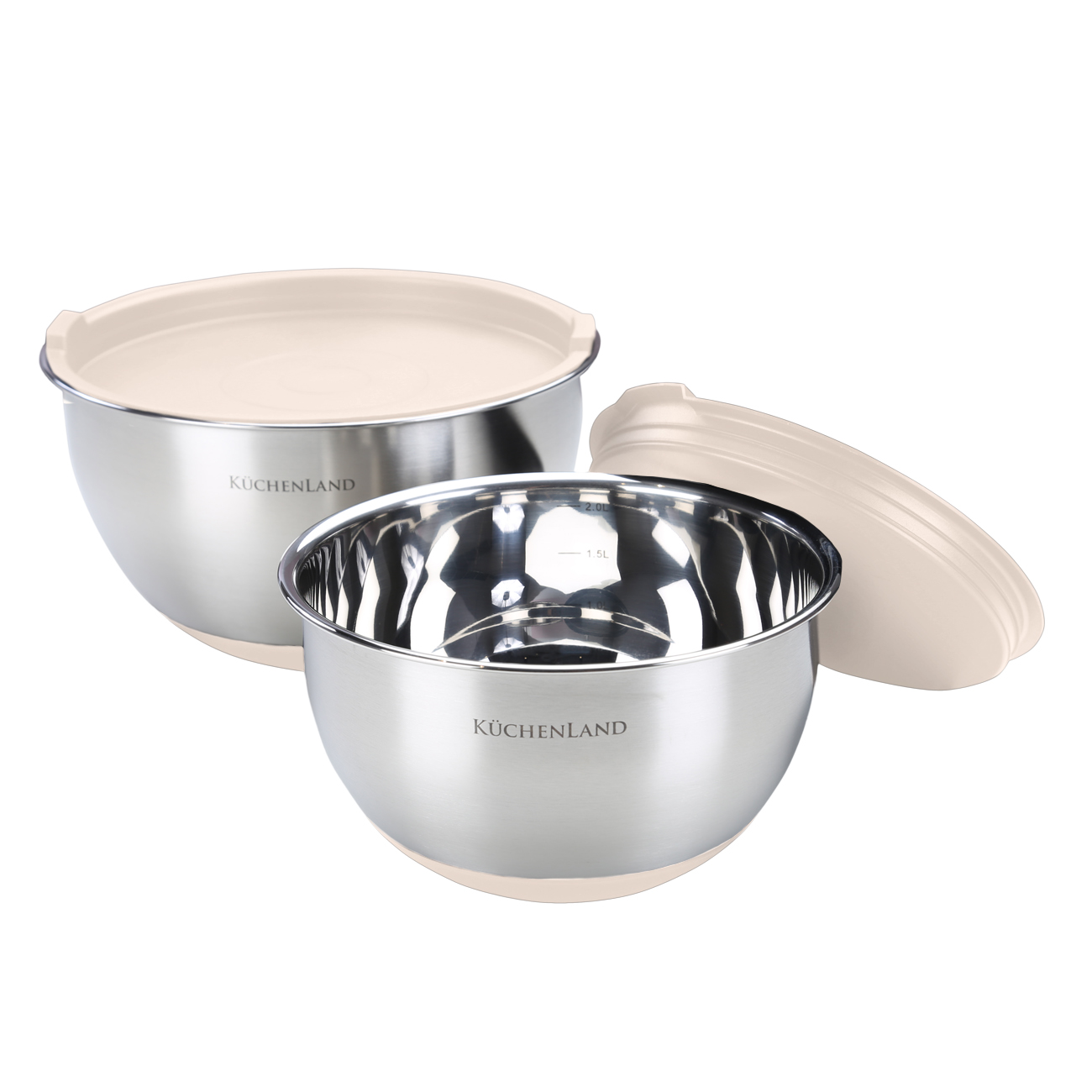 Bowl, 2/3 l, 2 pcs, with lid, anti-slip bottom, steel / plastic, beige, Terra