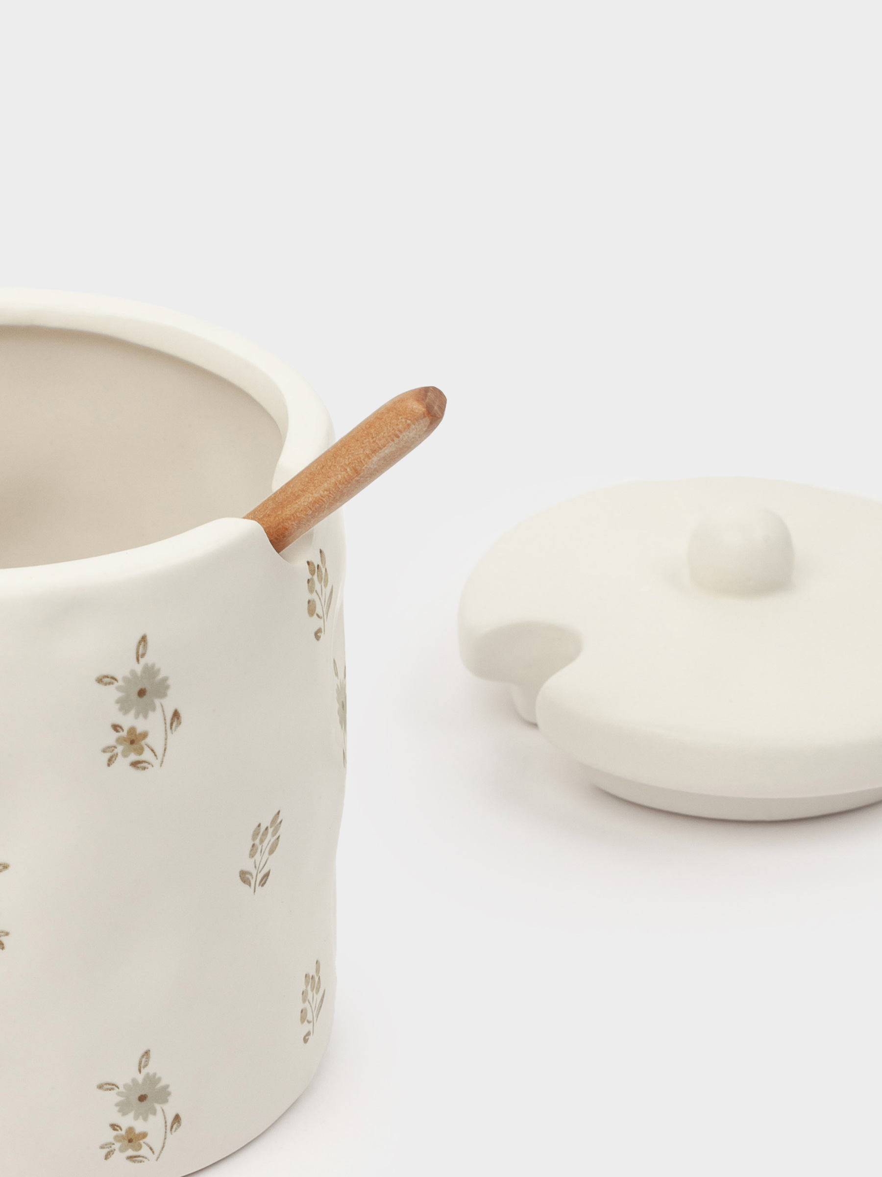 Sugar bowl, 11 cm, 370 ml, with spoon, ceramic / wood, milk, Vintage flowers, La flore, image-7