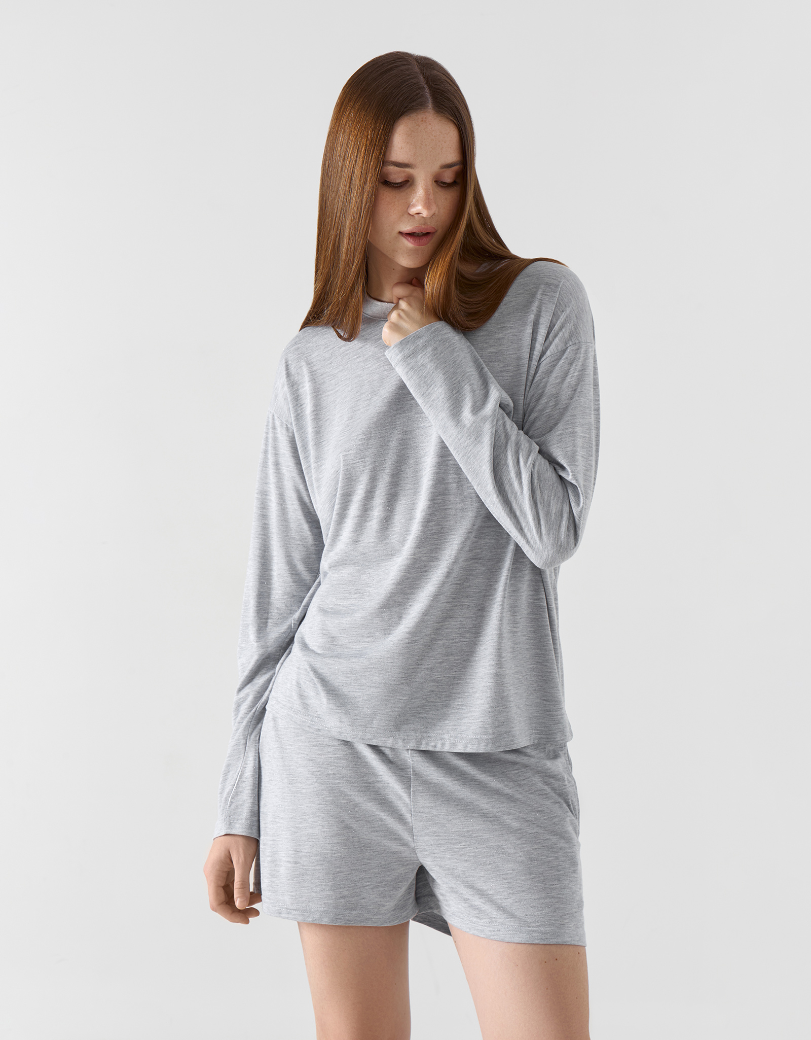 Women's shorts, homewear, size L, polyester / viscose / lurex, light gray, Awereona, image-1