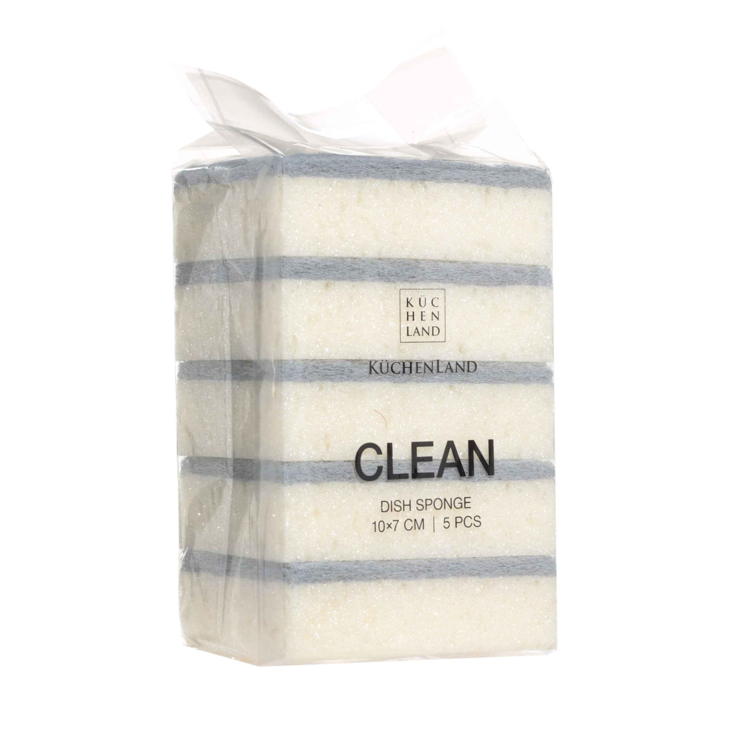 Dish washing sponge, 10x7 cm, 5 pcs, foam rubber / abrasive, rectangular, beige-gray, Clean, image-2