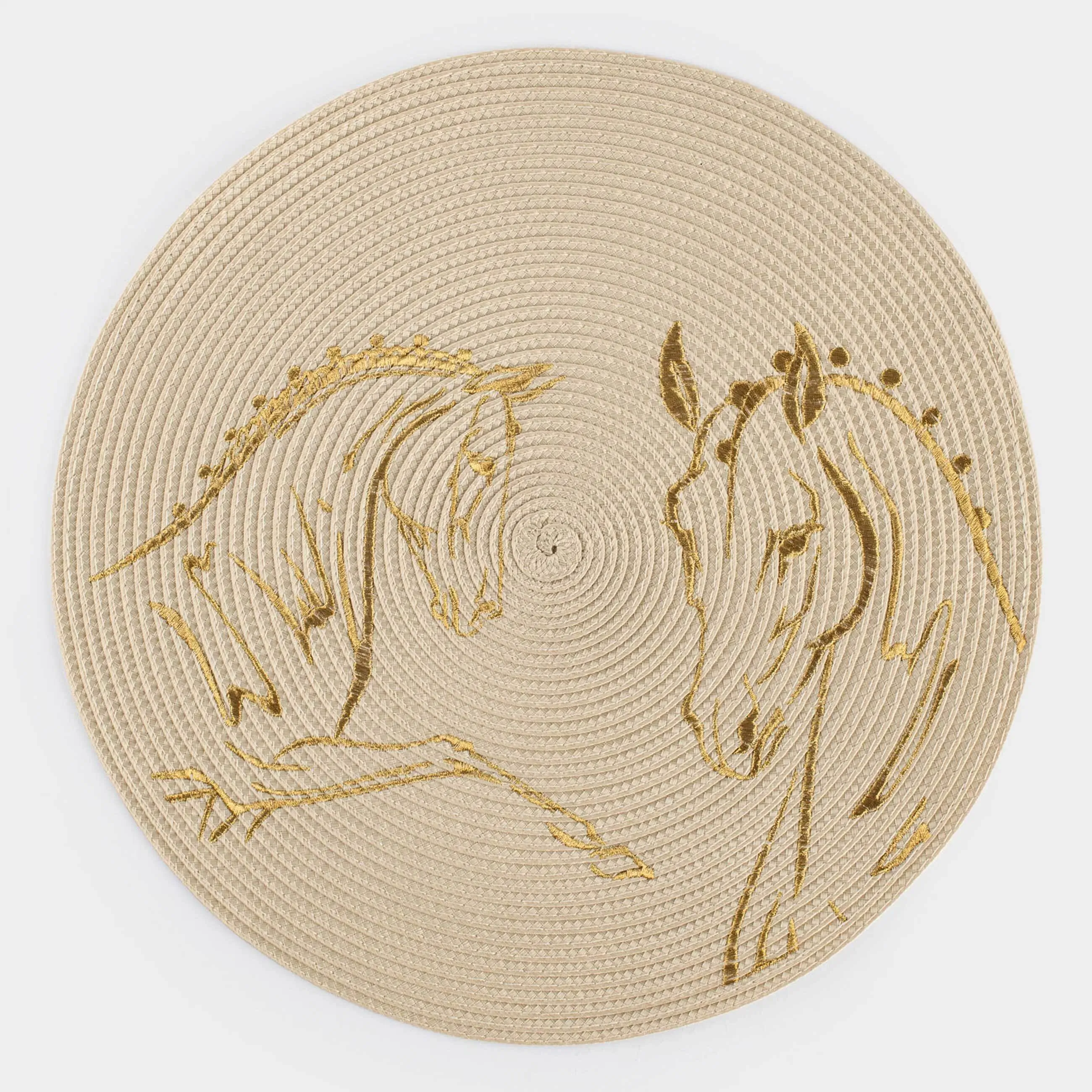 Placemat, 38 cm, polyester, round, milky, Horses, Circle embroidery