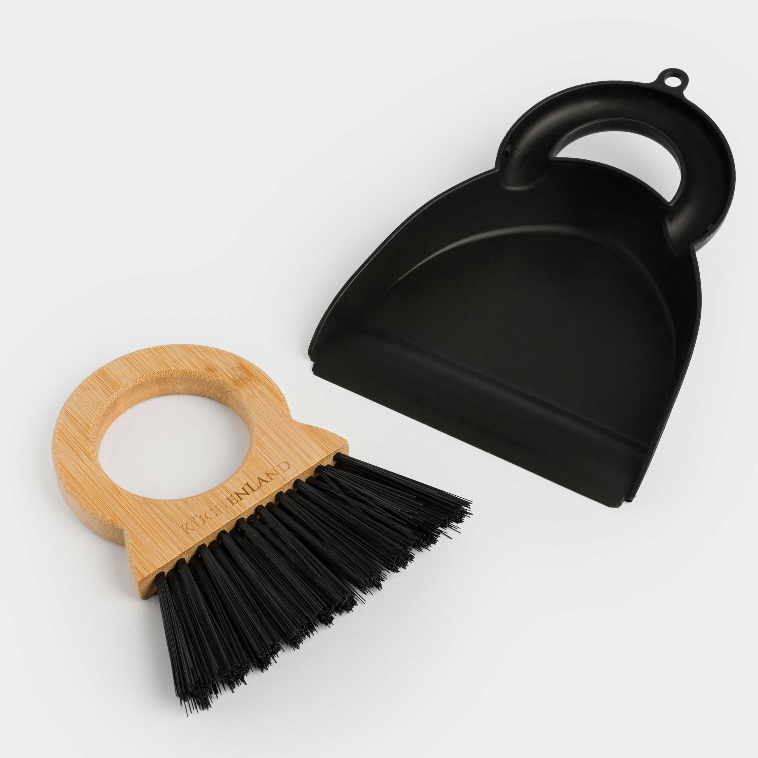 Garbage brush, with dustpan, 20 cm, bamboo / plastic, round handle, black, Black clean