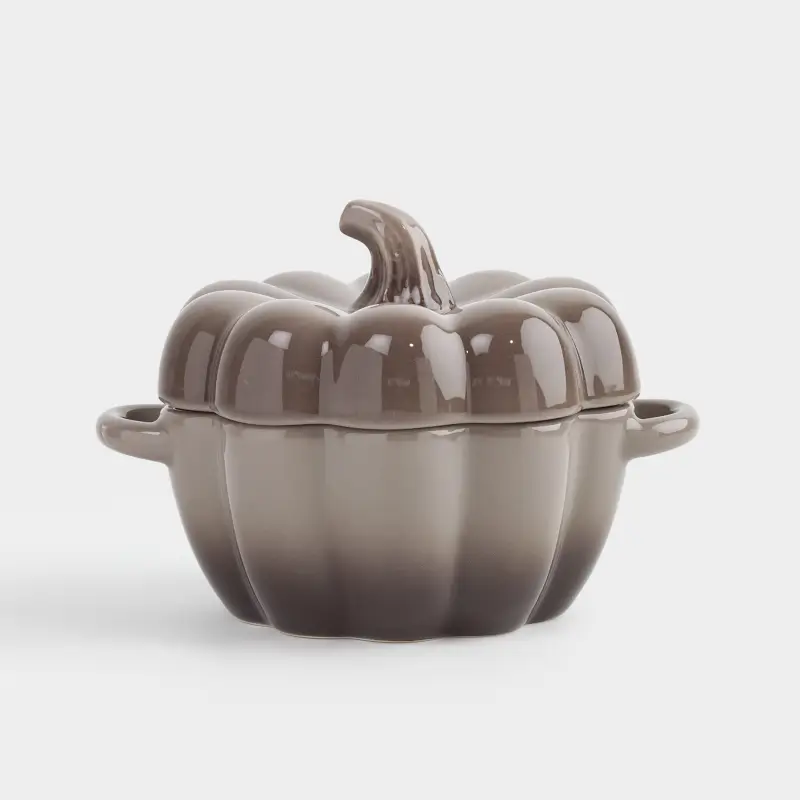 Cocotte, 11 cm, 350 ml, with lid, ceramic, grey-brown, Pumpkin, Gourd ,image-0