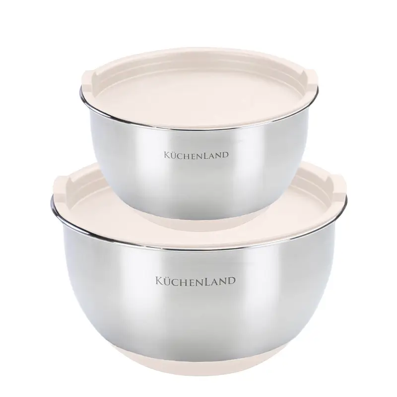 Bowl, 2/3 l, 2 pcs, with lid, anti-slip bottom, steel / plastic, beige, Terra
