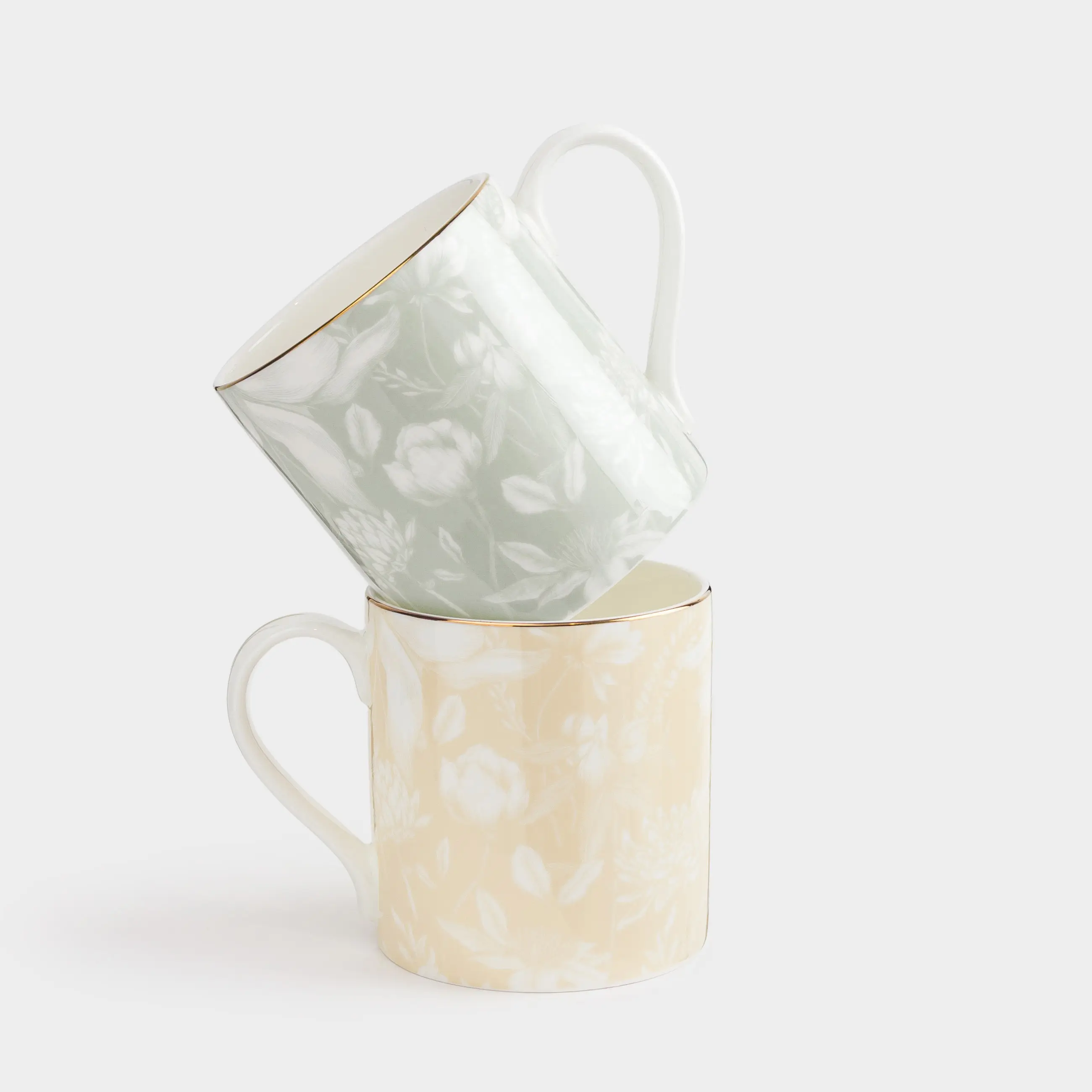 Mug, 380 ml, 2 pcs, porcelain F, with golden edging, yellow / green, Delicate flowers, Surreal