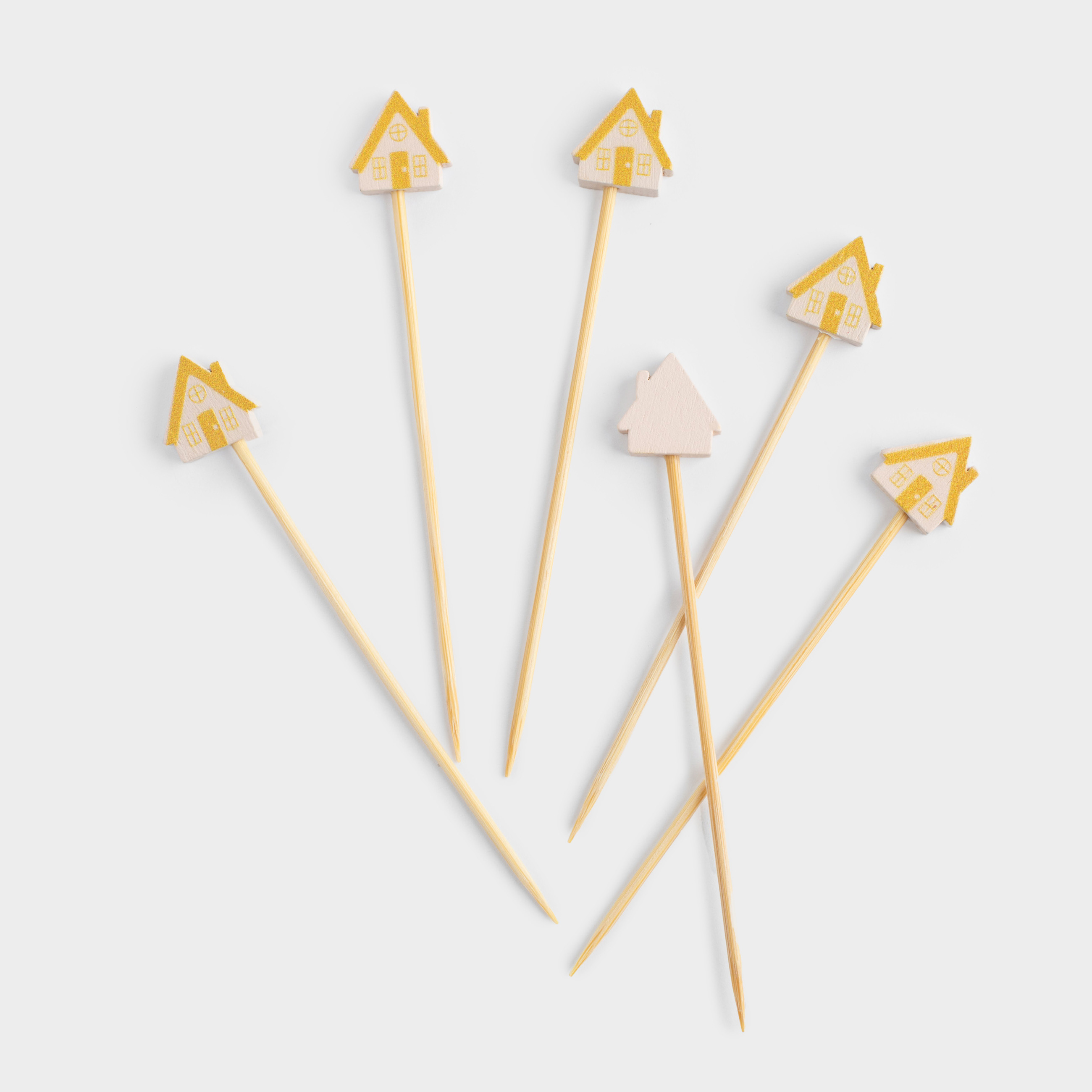 Canape skewers, 9 cm, 20 pcs, bamboo, white and gold, Snow-covered house, Elegant details, image-1
