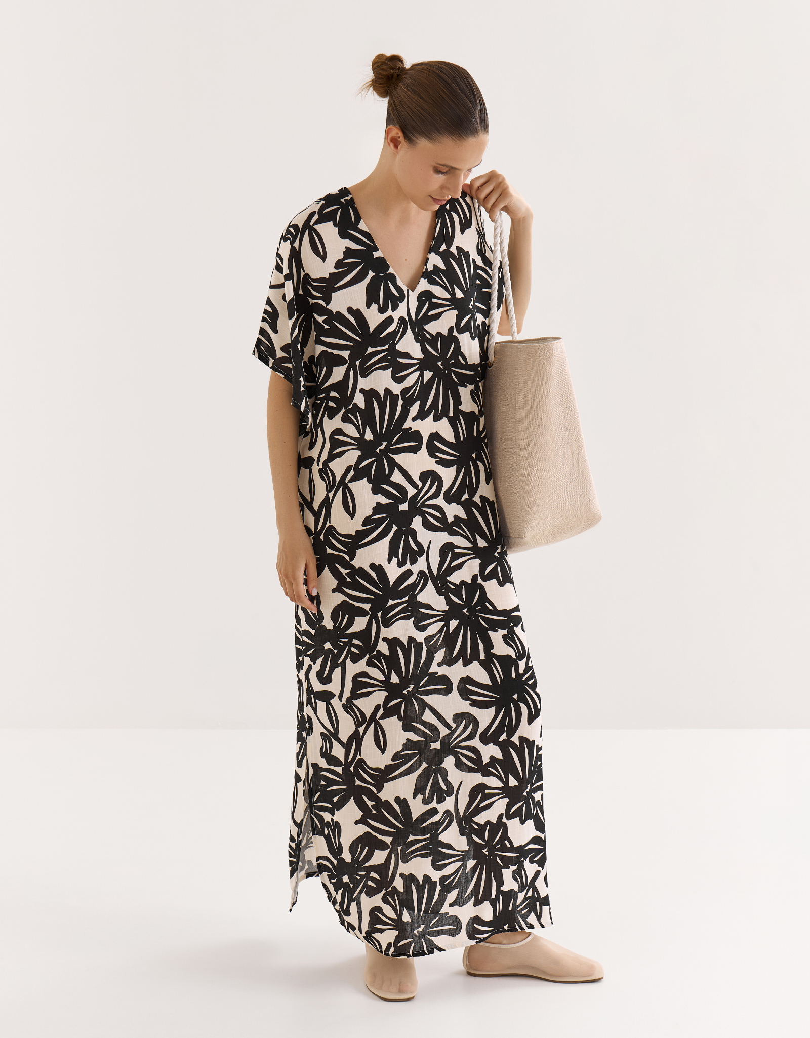 Women's dress, maxi, size L, with short sleeves, viscose, beige-black, Flowers, Almi, image-7