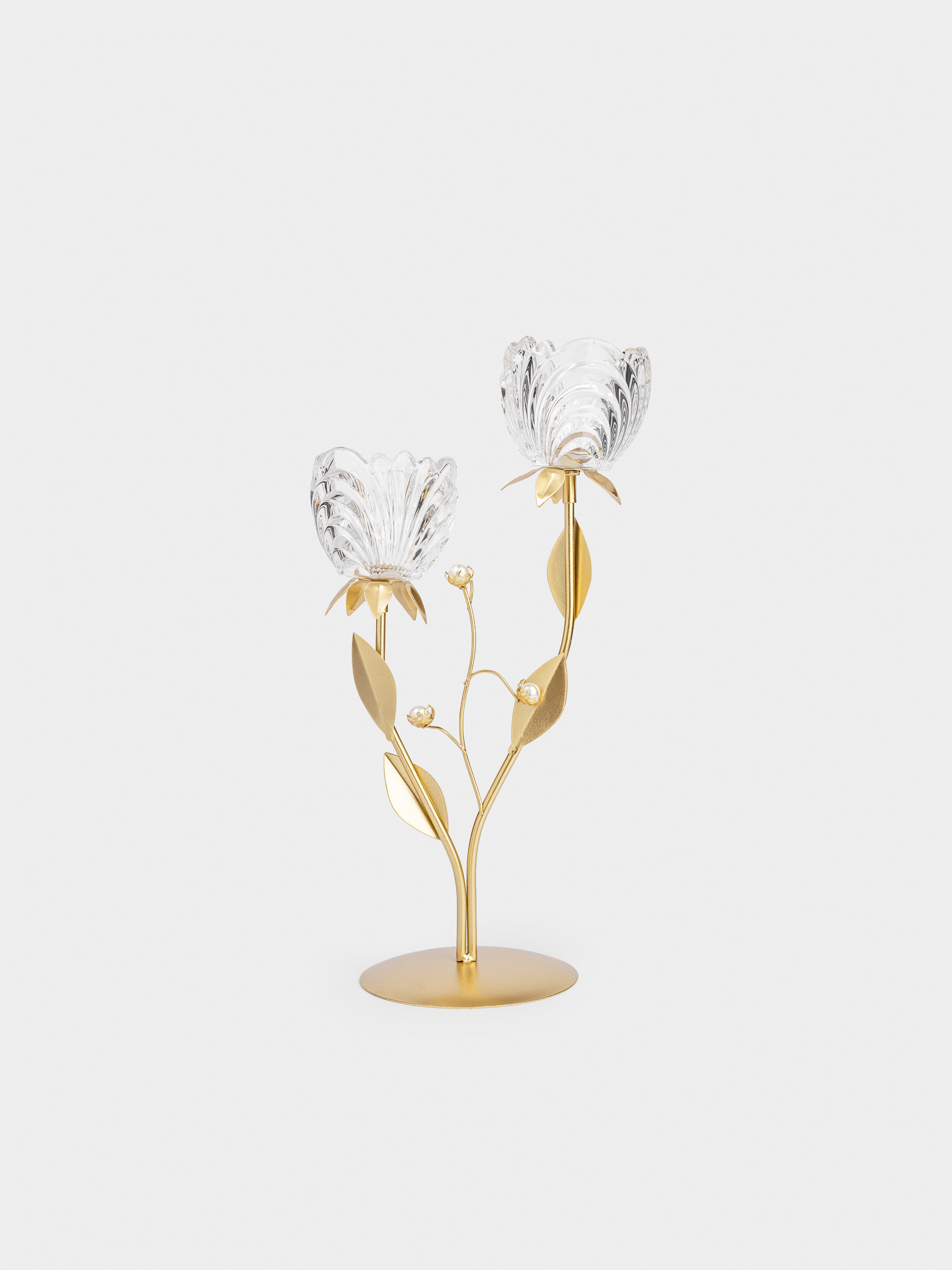 Candle holder, 39 cm, 2 tea candles, glass / metal, bronze, Flowers with beads, Fantastic flowers, image-0
