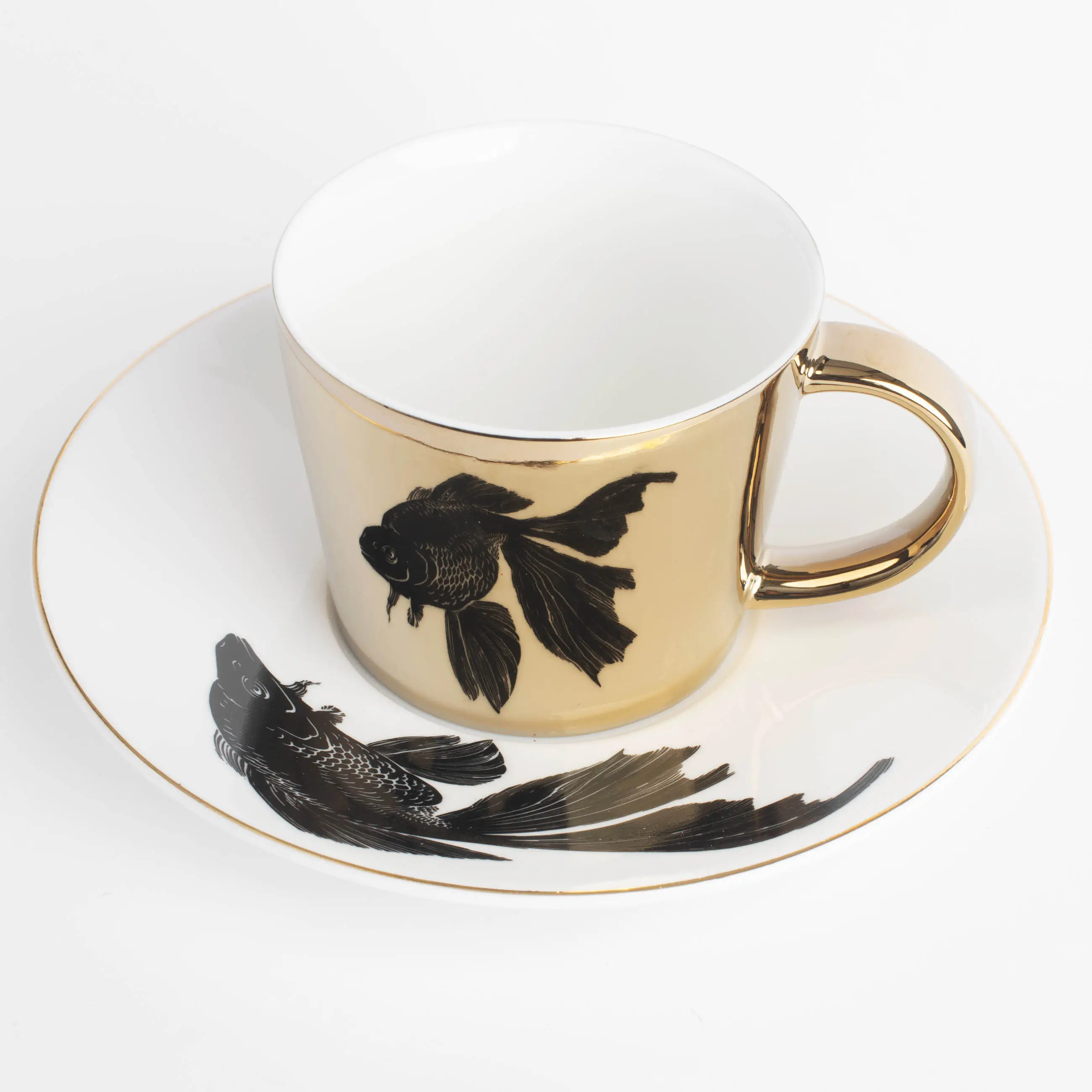 Tea pair, 1 pers, 2 items, 230 ml, porcelain P, white and golden, Fish, Goldfish, image-0