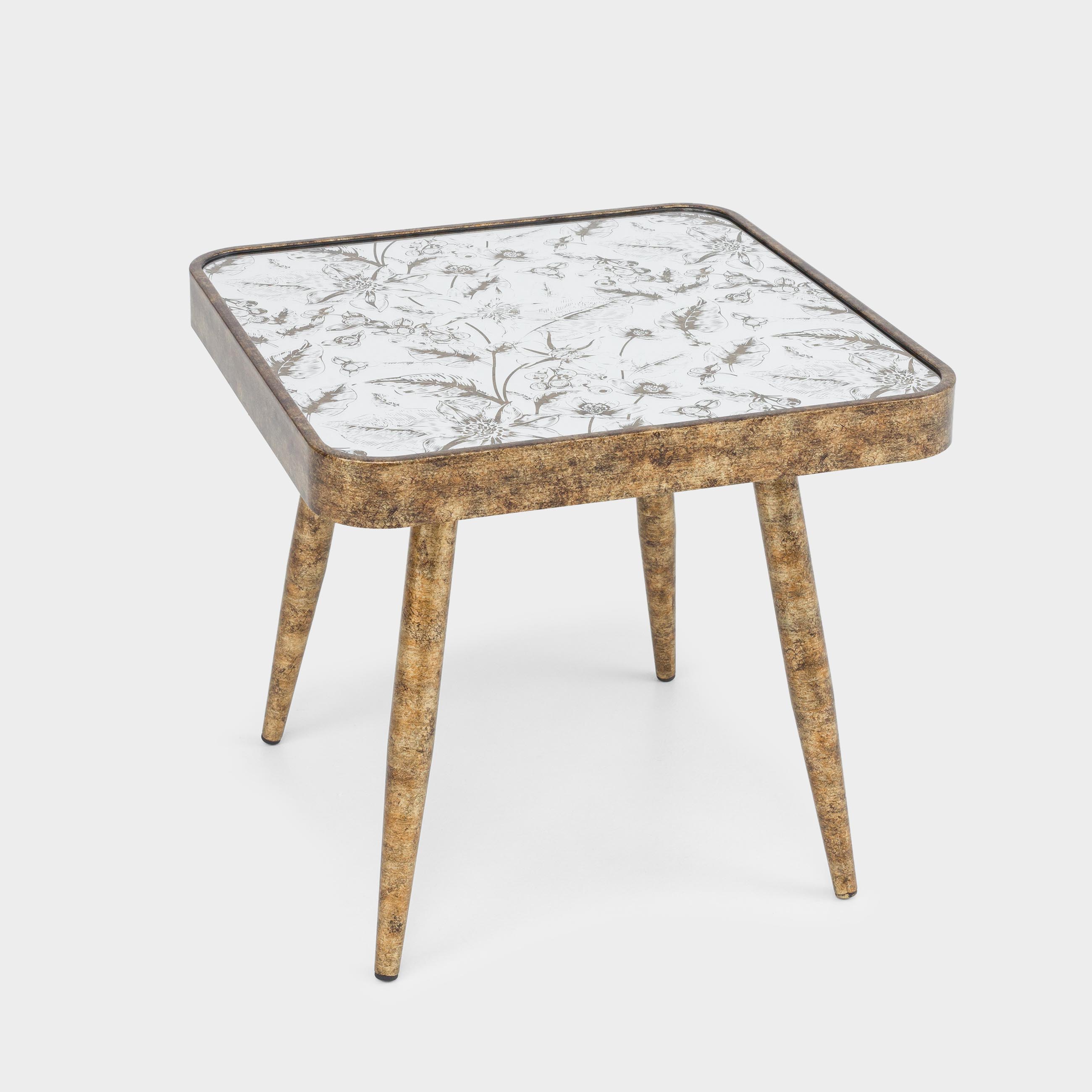 Coffee table, 40x36 cm, glass / plastic, square, golden, Flowers, Floral
