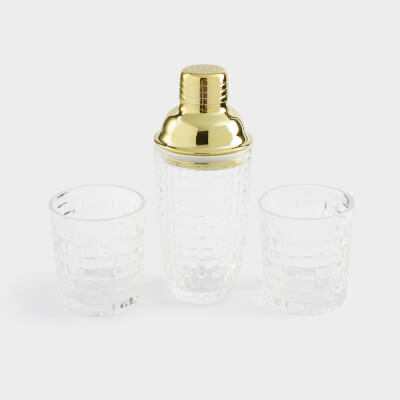 Drink set, 2 persons, 3 items, shaker / glasses, glass R / steel, golden, Mosaic gold ,image-0