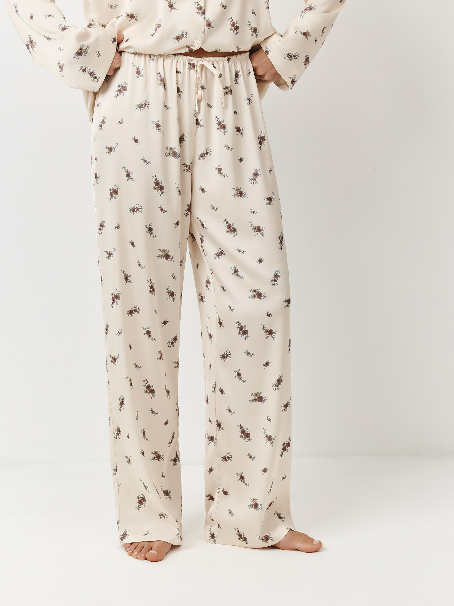 Women's trousers, homewear, size S, polyester, milky, Flowers, Roktania, image-1