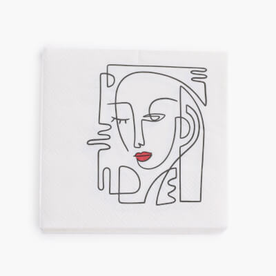 Paper napkins, 21x21 cm, 20 pcs, white, Face with red lips, Face